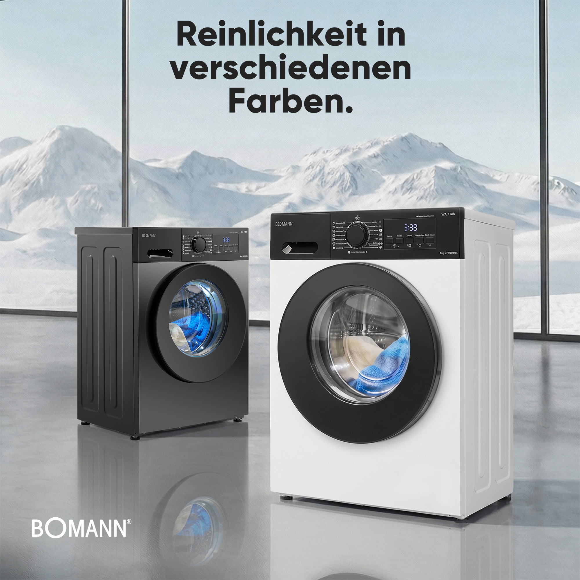 Zwei Waschmaschinen, eine schwarze und eine weiße, vor eisbedeckten Bergen.