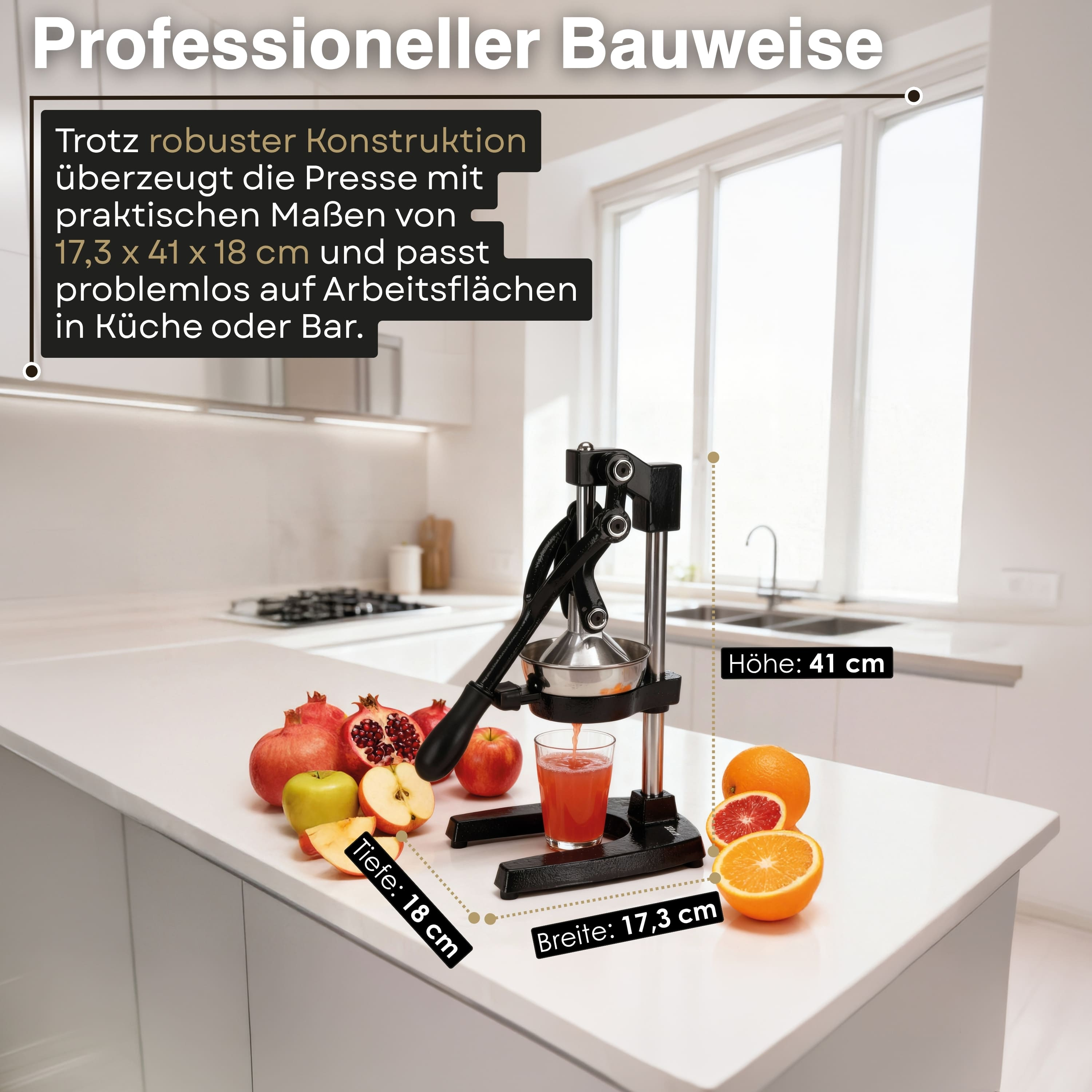 Schwarzer Entsafter auf weißer Theke mit Granatäpfeln, Äpfeln und Orangen. Maße beschriftet.