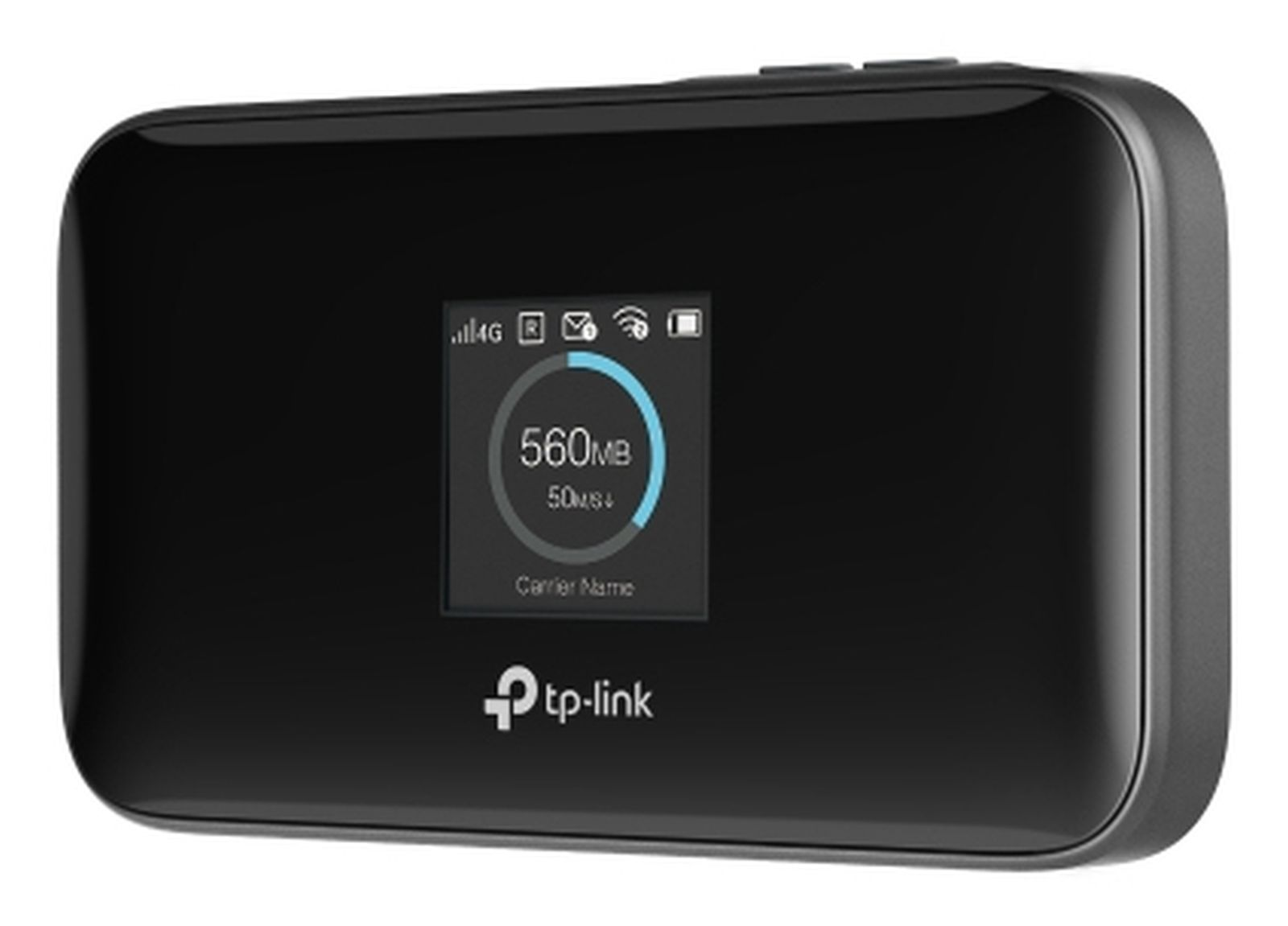 Schwarzer TP-Link LTE-Router mit kleinem Bildschirm, der 560 MB und 50 ms anzeigt.