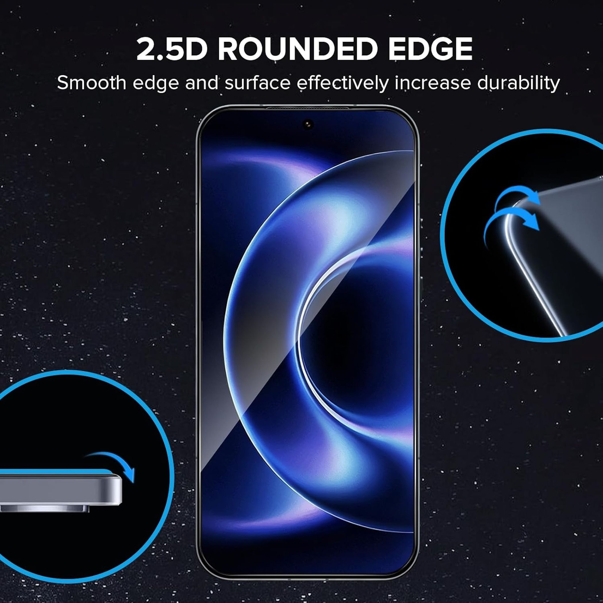 Uno smartphone con bordi arrotondati 2.5D su sfondo stellato.
