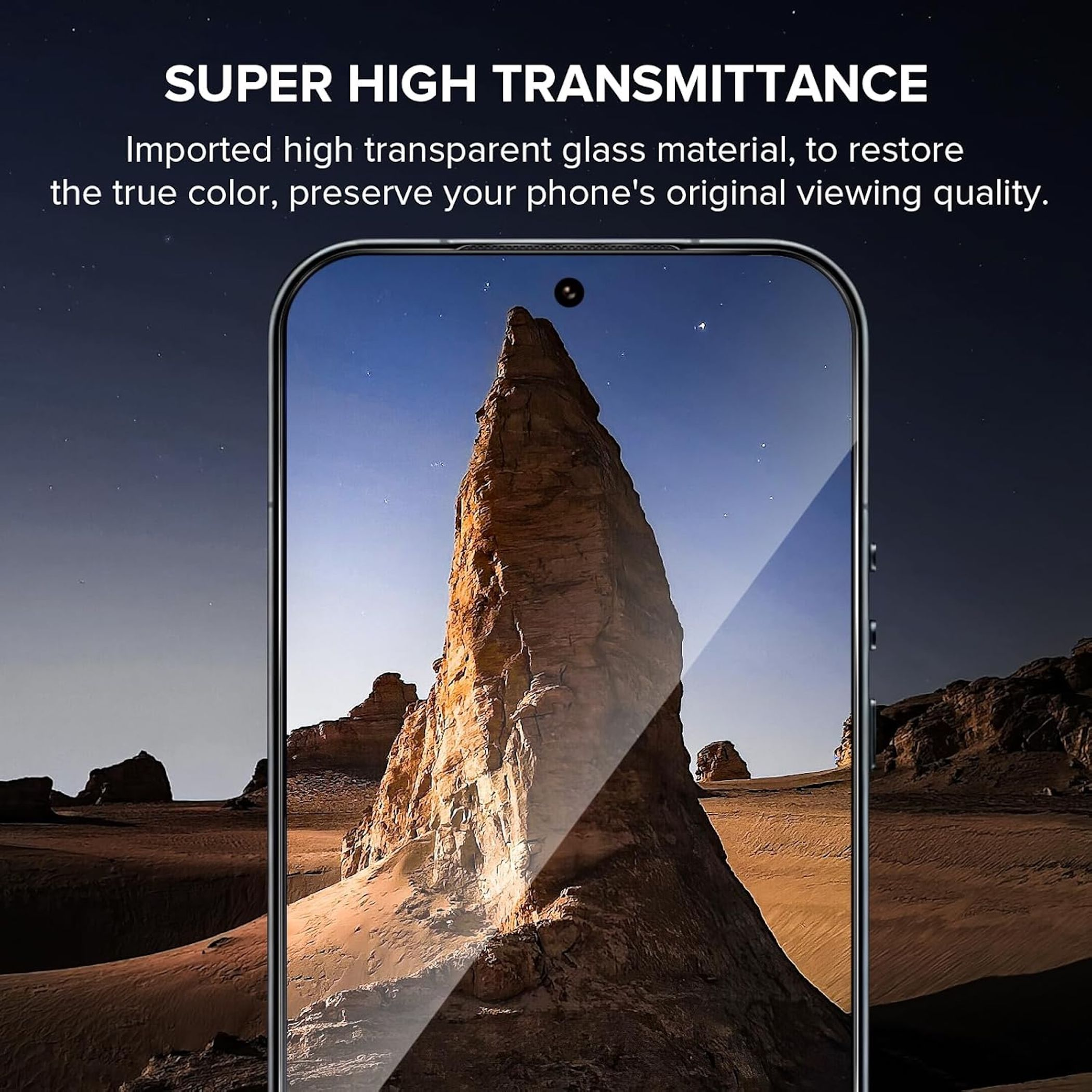 Ein Handy-Display zeigt eine zerklüftete Felsformation unter einem sternenklaren Himmel.