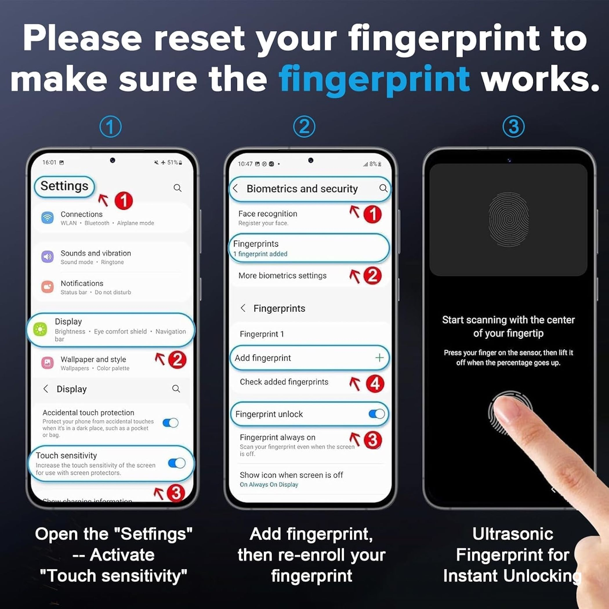 Anleitung zum Zurücksetzen und Hinzufügen von Fingerabdrücken auf einem Smartphone mit drei Schritten.