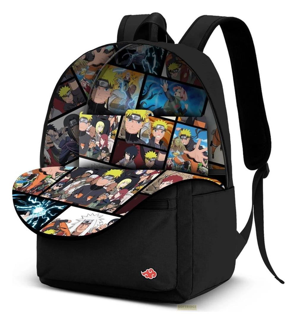 Schwarzer Rucksack mit Naruto-Motiv. Die Klappe zeigt eine Collage aus Anime-Charakteren.