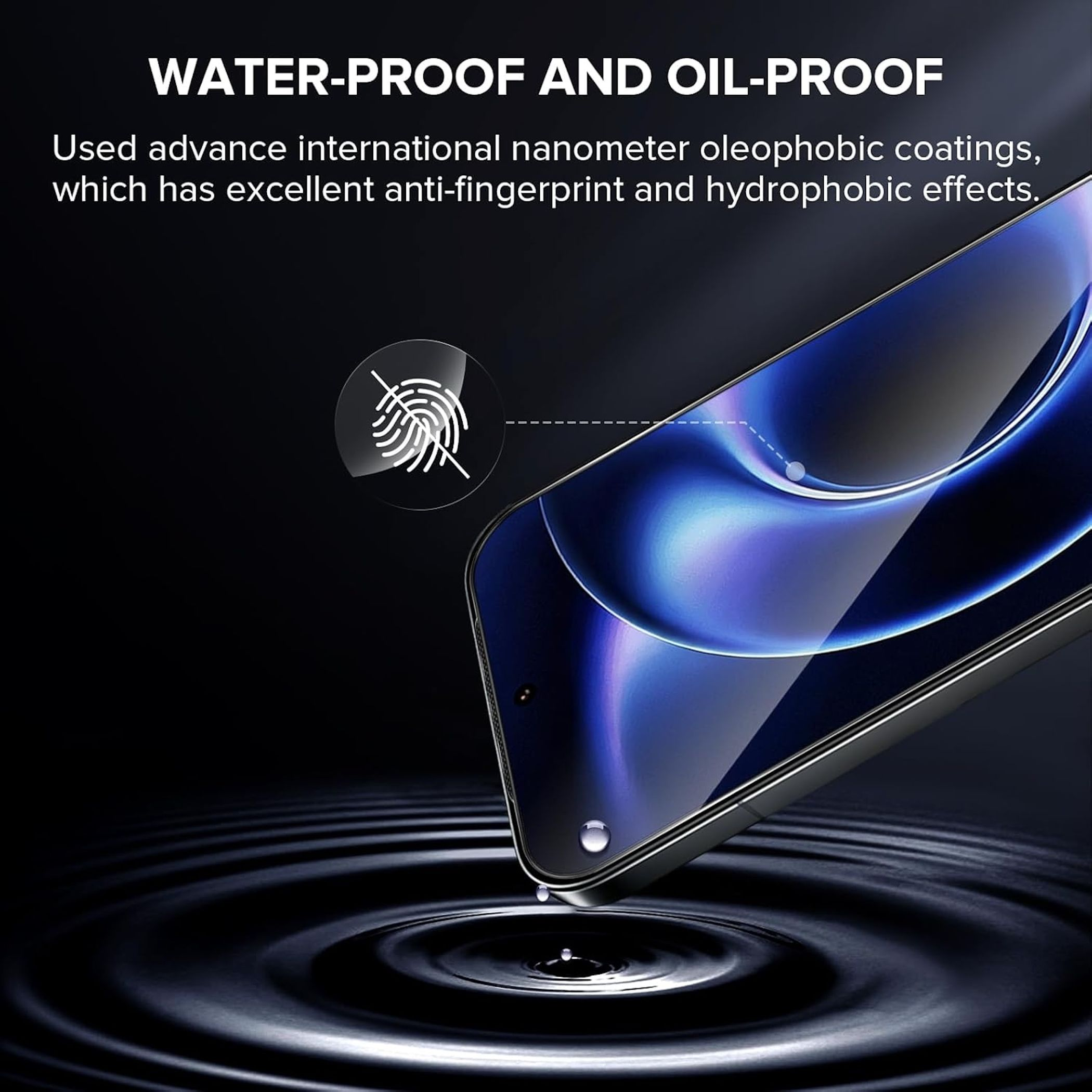 Schermo smartphone con gocce d'acqua e icona impronta.