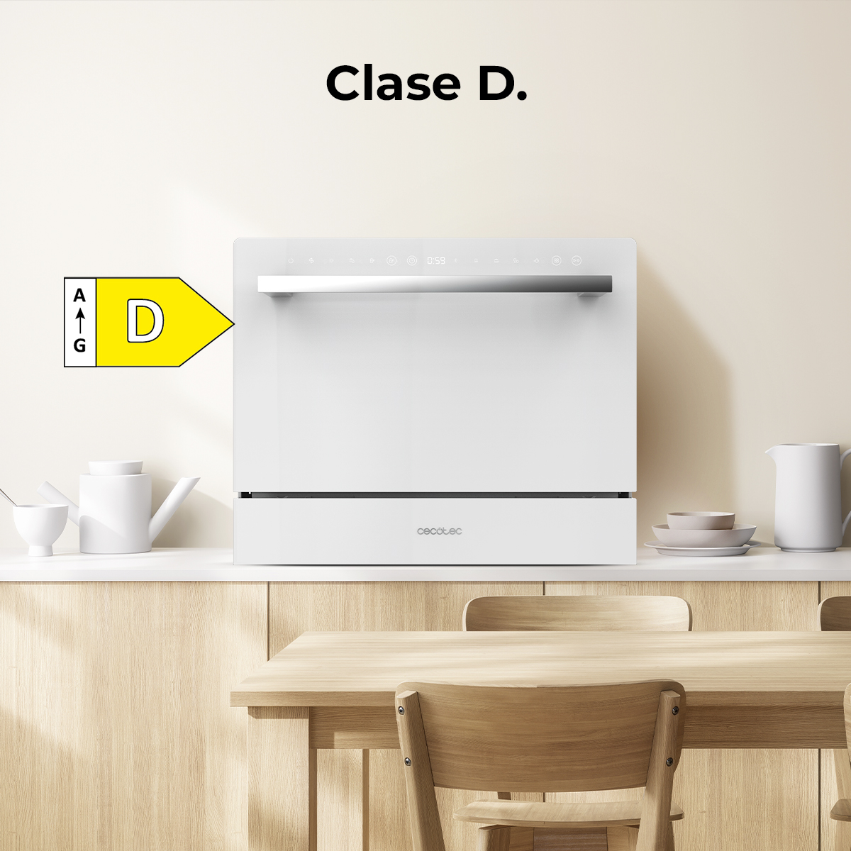 Lavastoviglie bianca classe D, logo Cecotec, su un piano di lavoro.