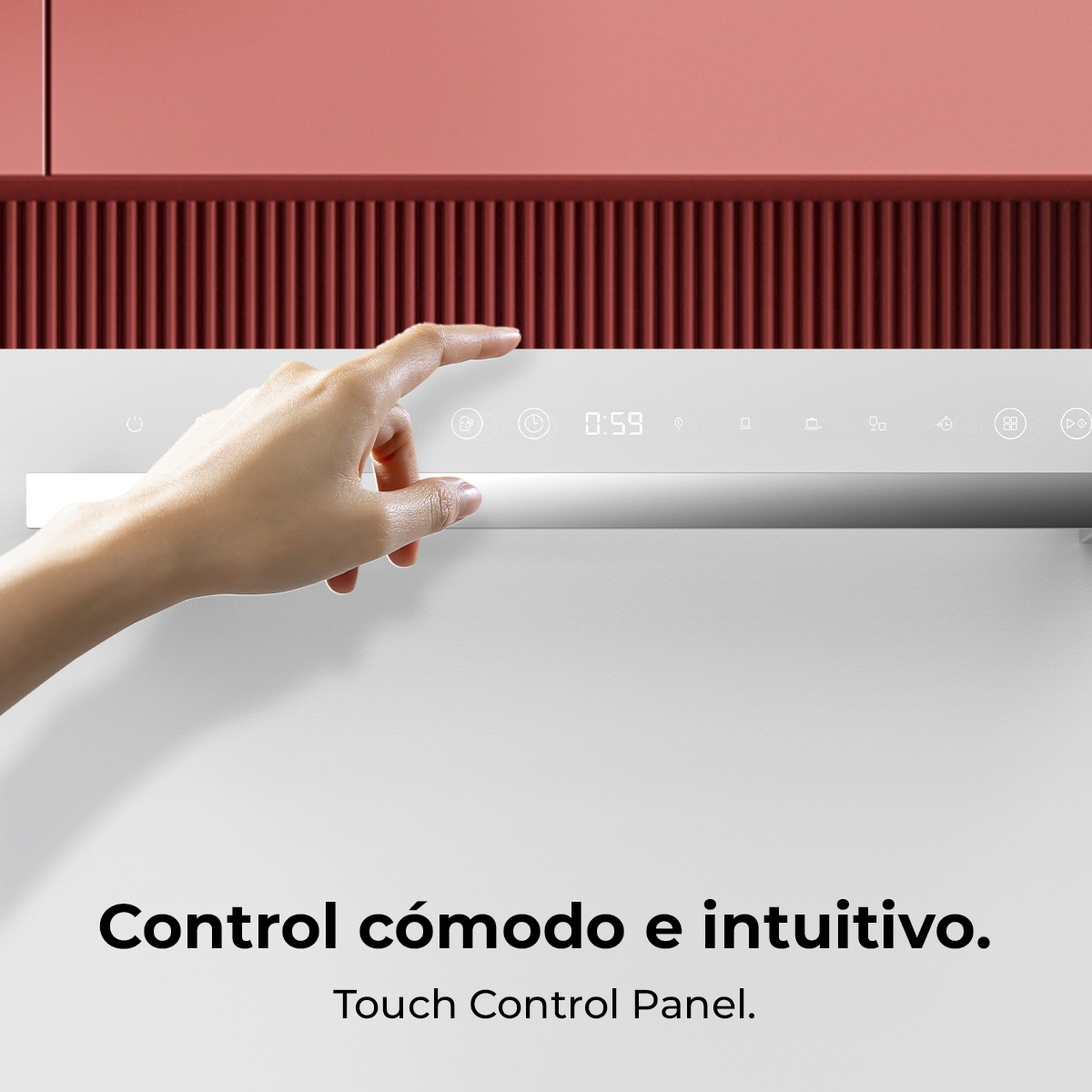 Una mano tocca il pannello di controllo di un elettrodomestico bianco. Texture a coste rosse sopra.