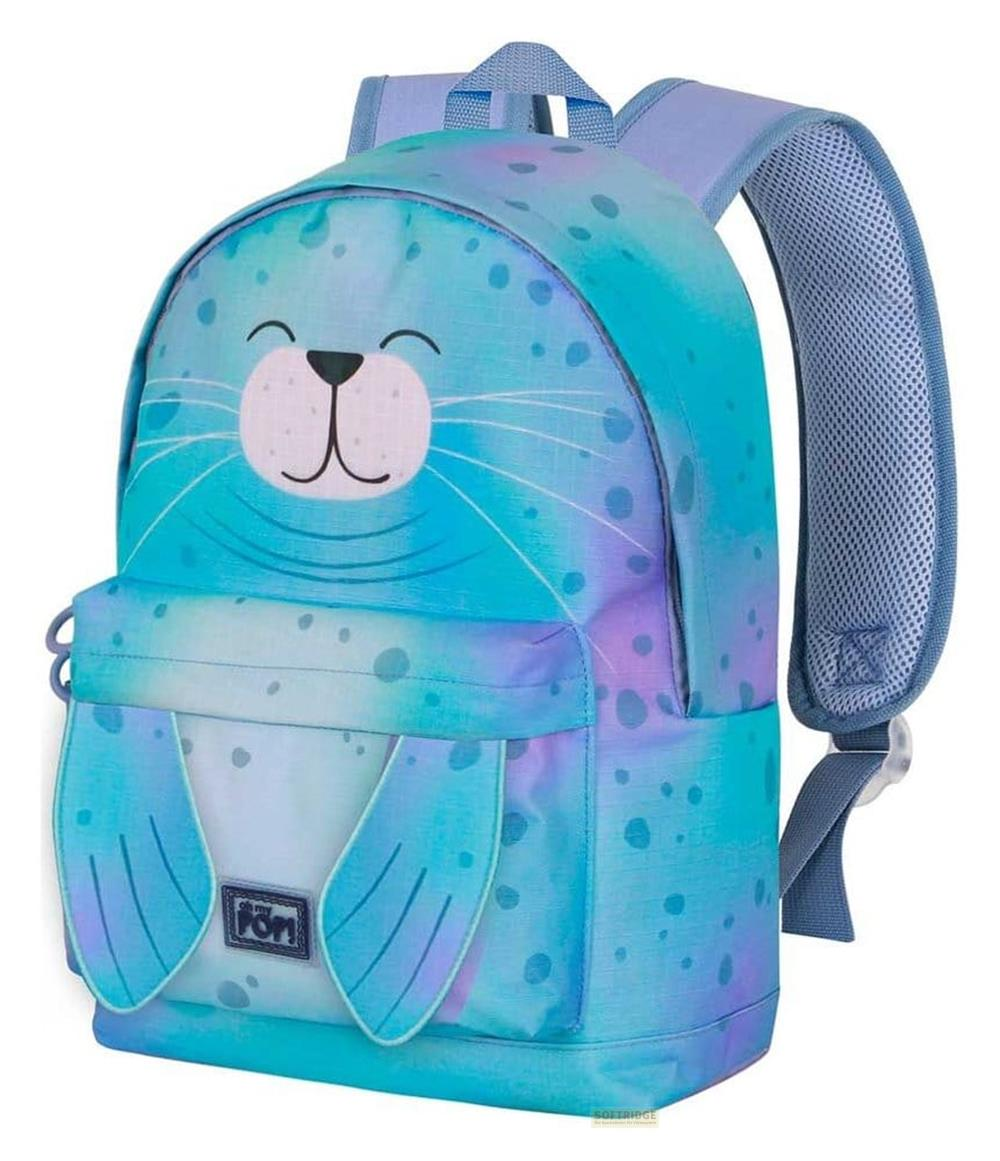 Una mochila azul y morada con cara de foca y aletas.