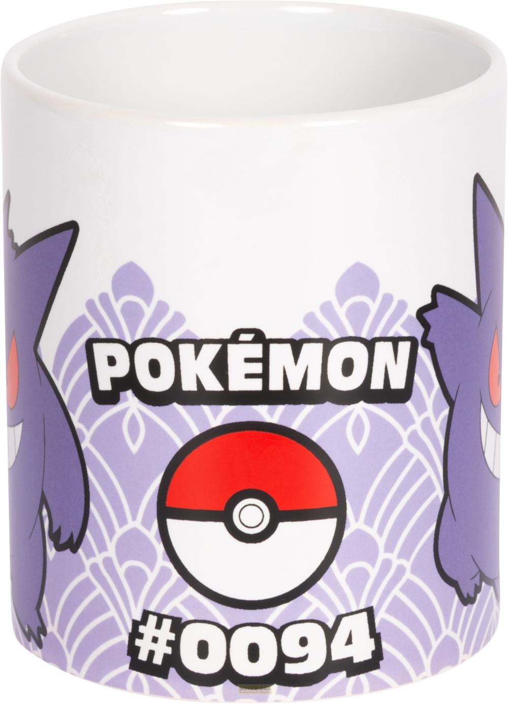Eine Tasse mit Pokémon-Motiv: Gengar, Pokeball und Nummer 0094.