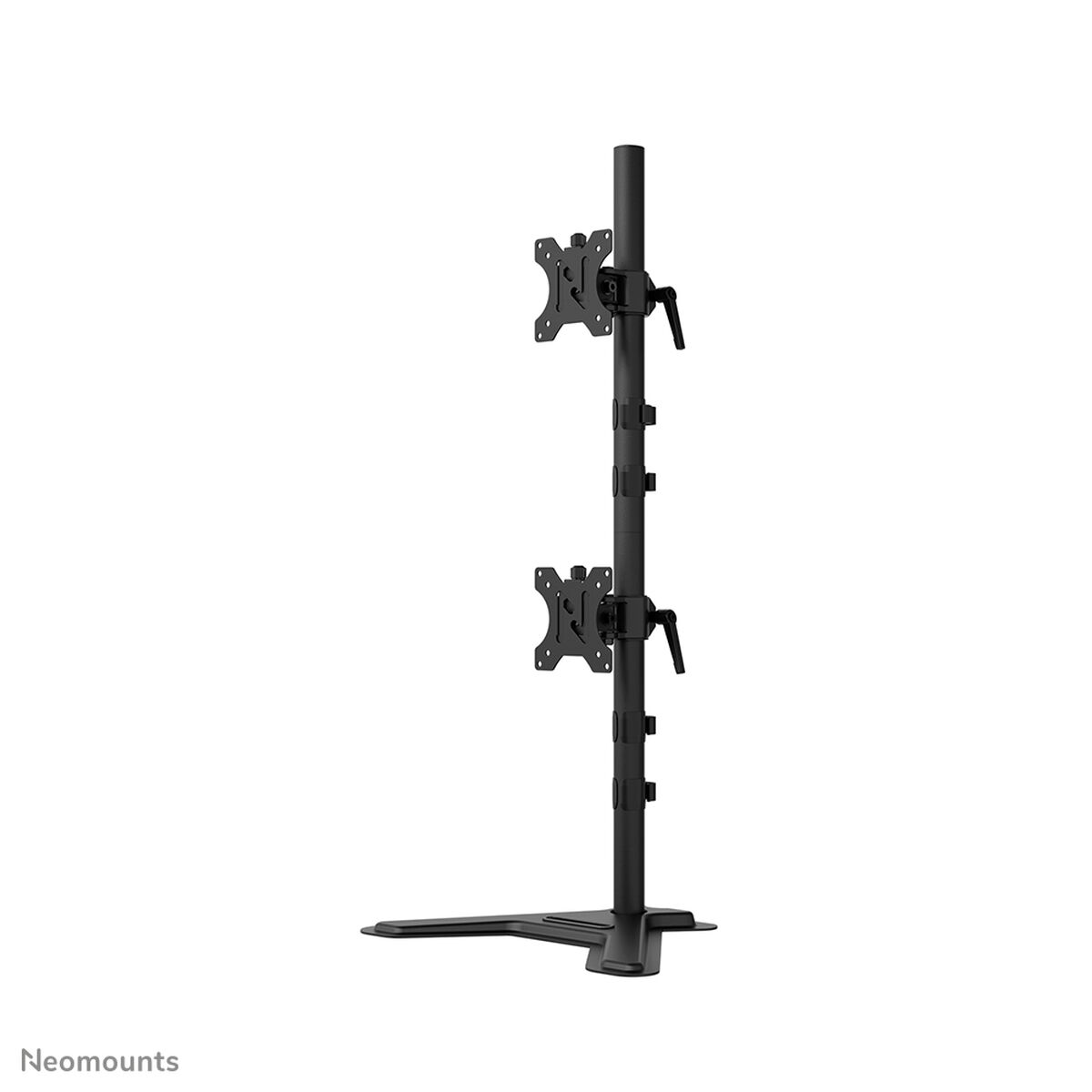 Supporto nero per doppio monitor con base piatta e bracci regolabili.