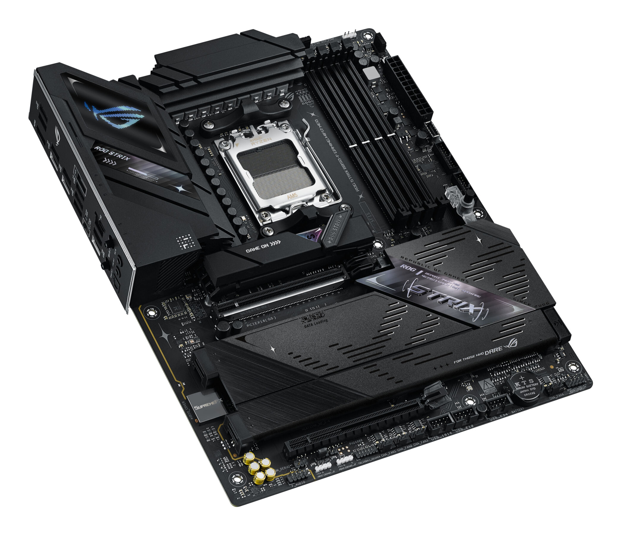 Carte mère noire avec socket CPU, slots RAM et logo ROG Strix.