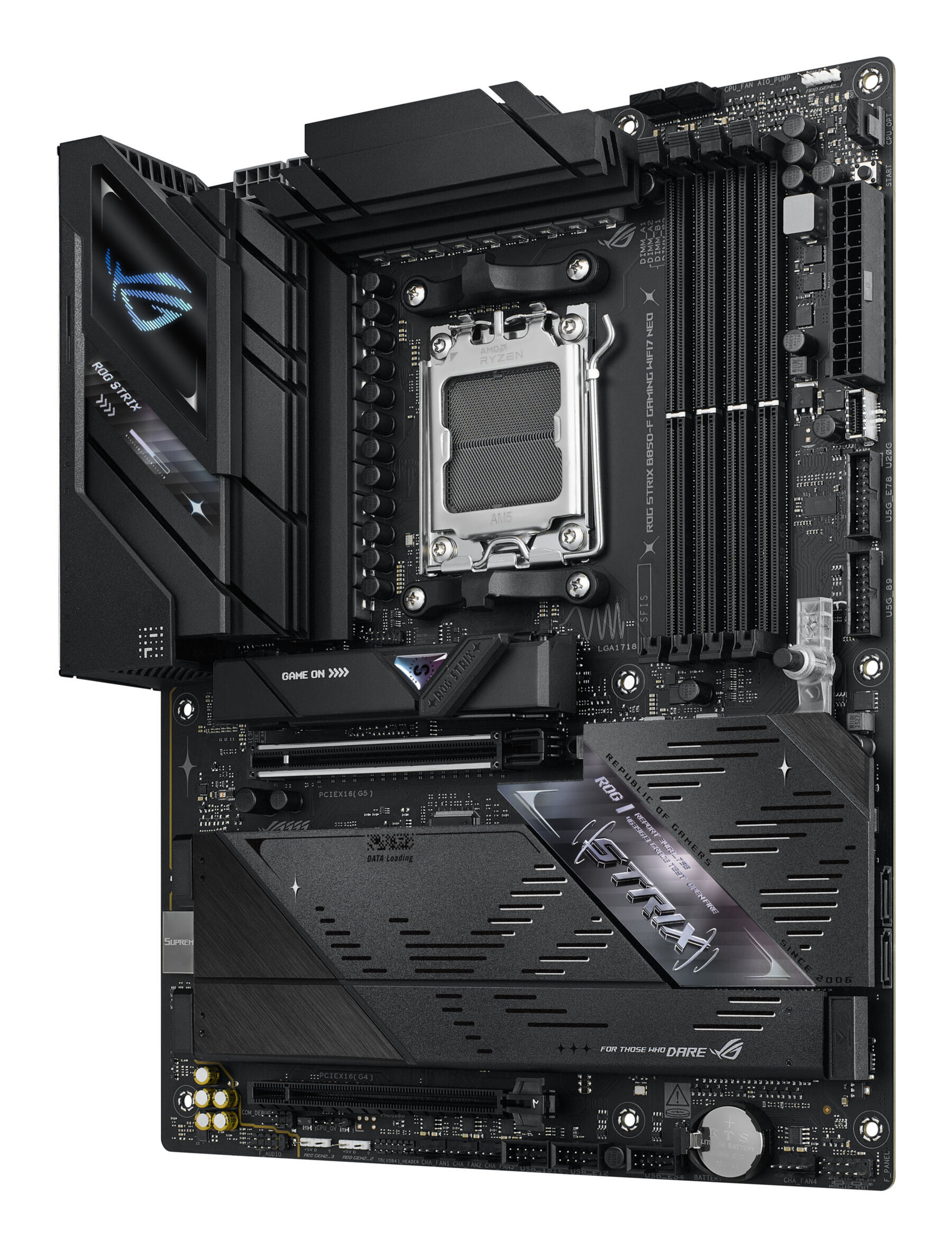 Carte mère gaming ASUS ROG STRIX noire avec socket AM5 et support de ventilateur CPU.