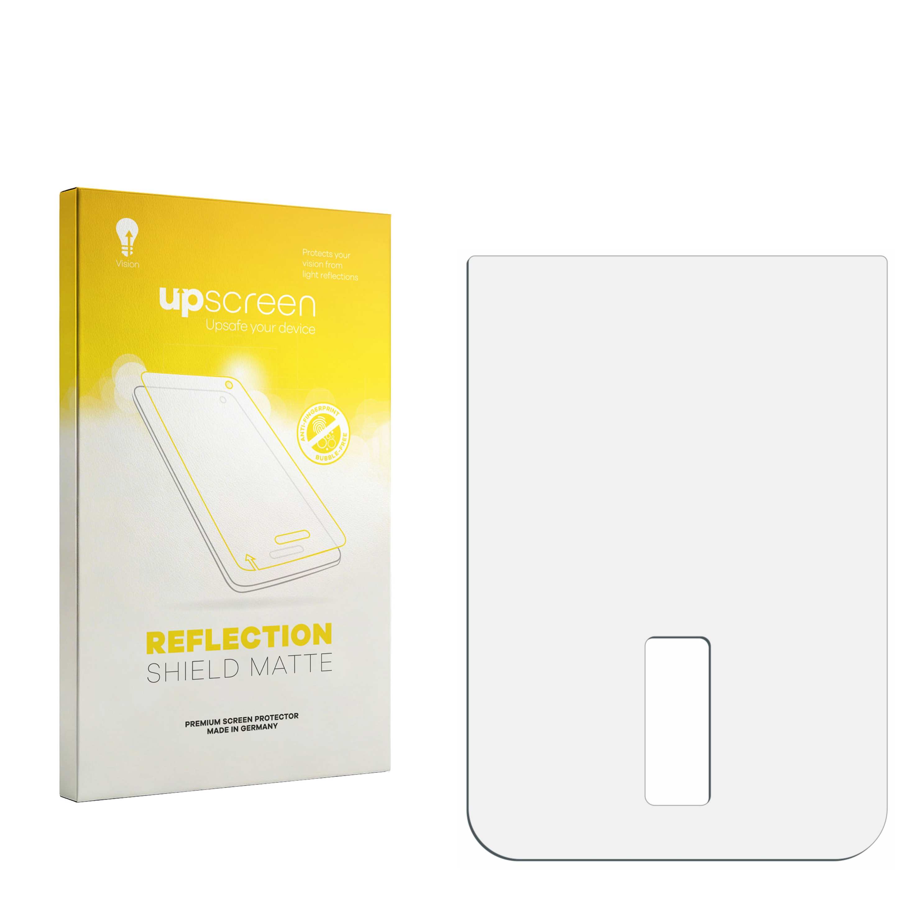 Verpackung für "upscreen Reflection Shield Matte" und eine weiße Displayschutzfolie.