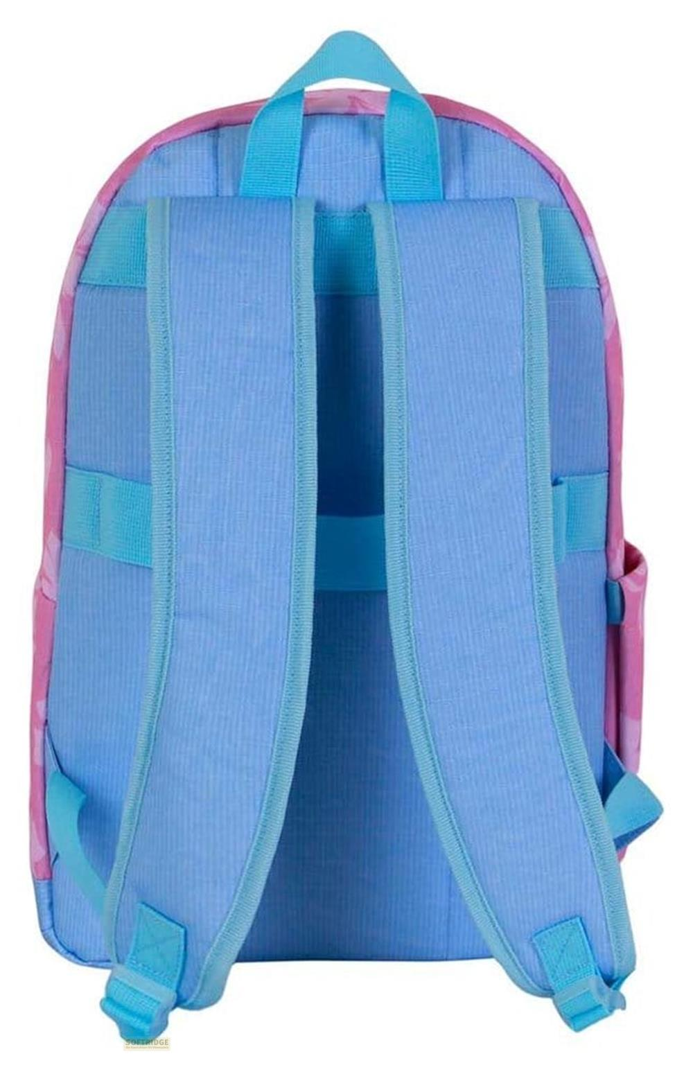 Ein blauer Rucksack mit pinken Camouflage-Akzenten und blauen Trägern.