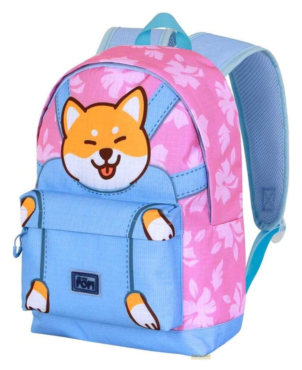 Ein pinker Rucksack mit Blumenmuster und einem Shiba Inu-Gesicht auf der Vorderseite.