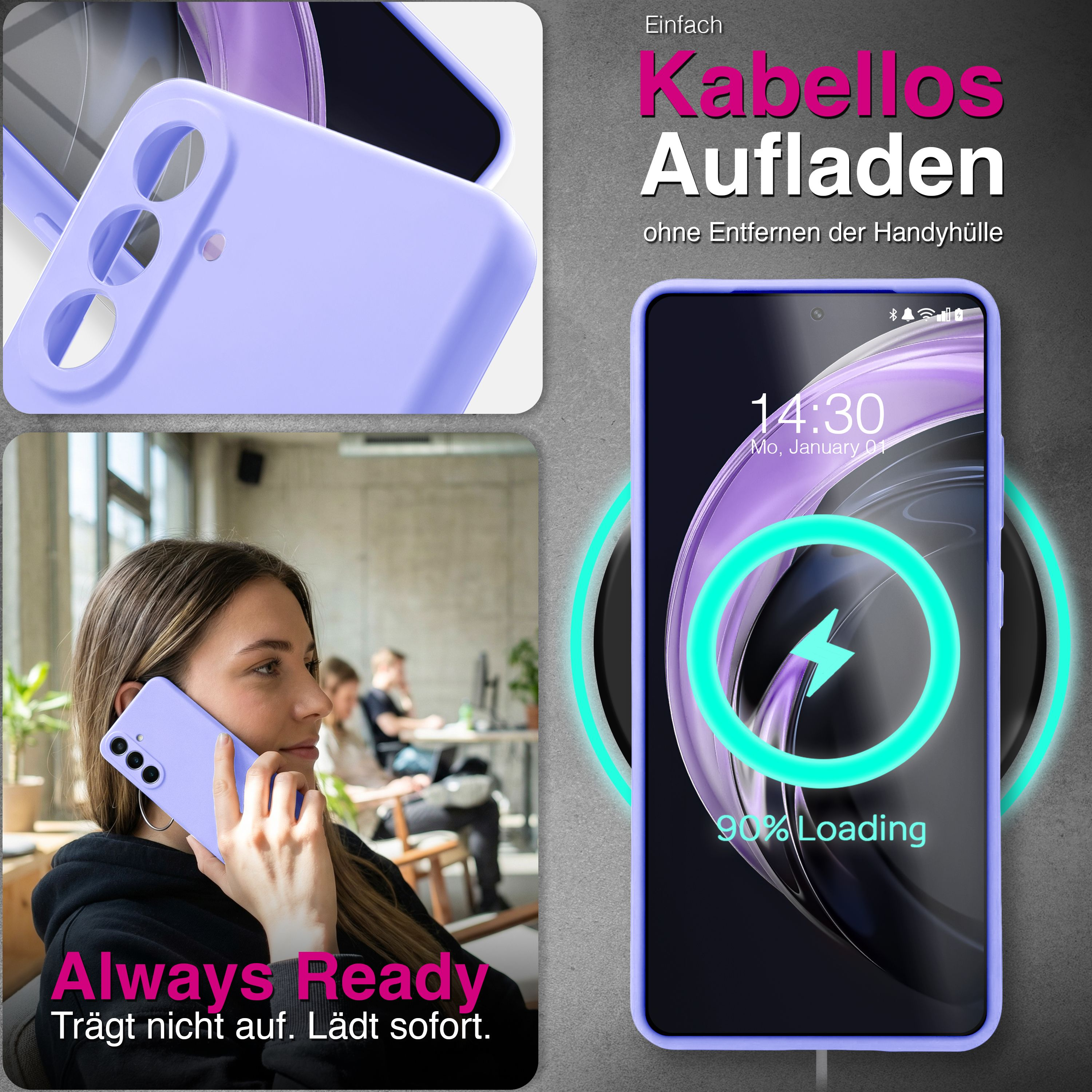 Lila Handyhülle lädt kabellos. Eine Frau telefoniert damit.