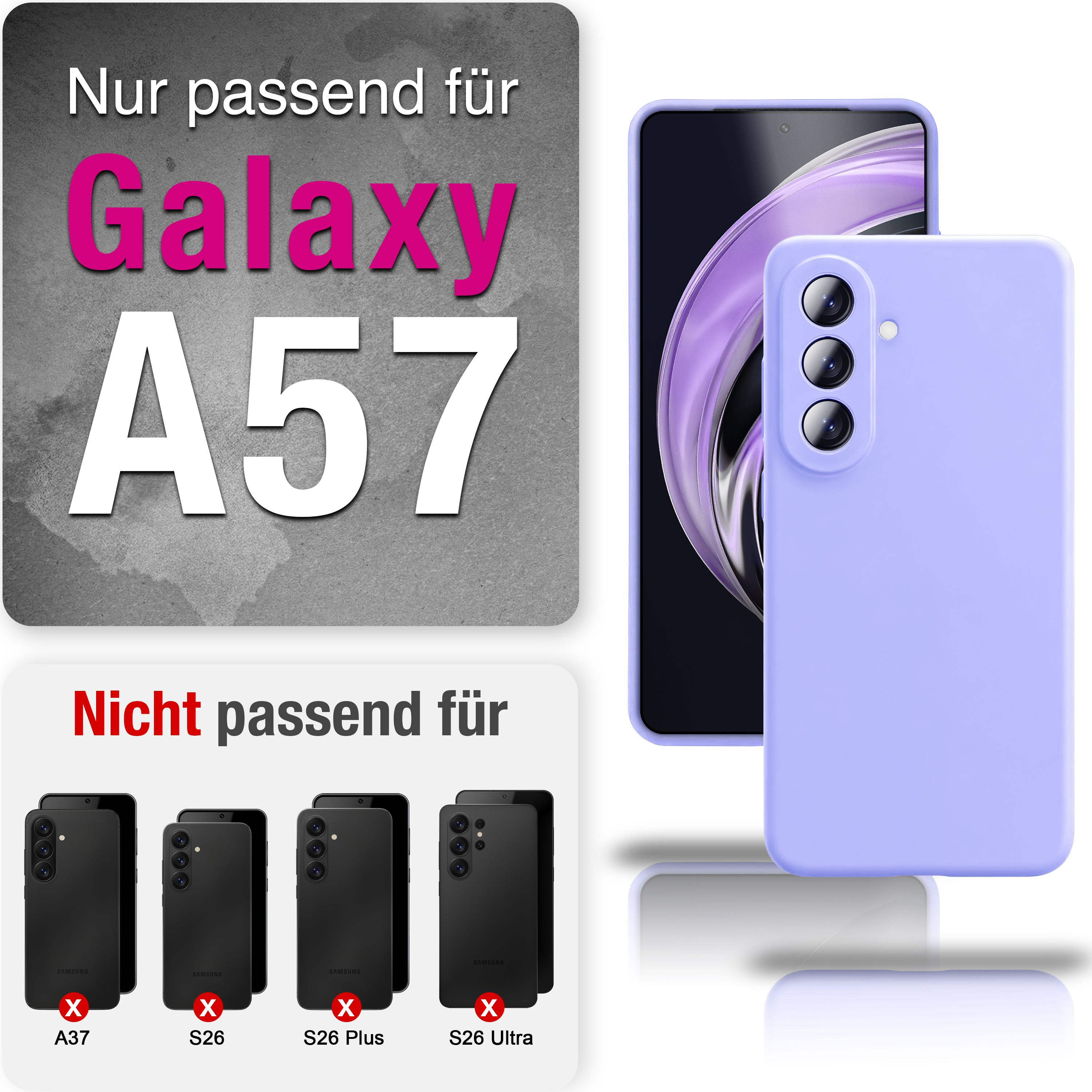 Ein lila Handyhülle für Galaxy A57; andere Modelle passen nicht.