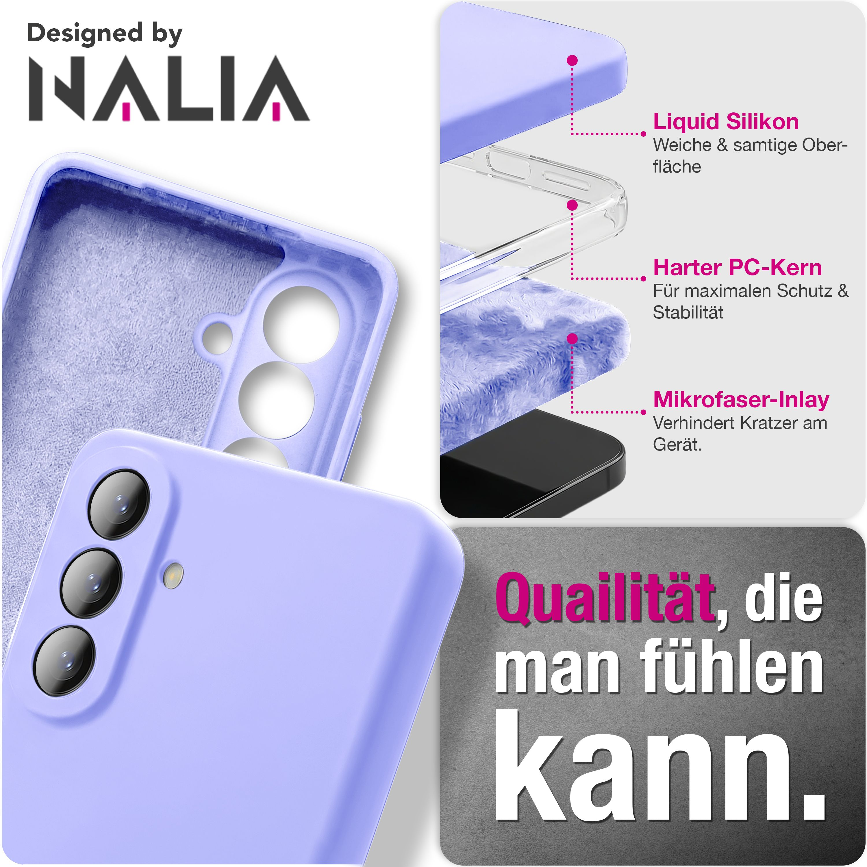 Lila Handyhülle mit Mikrofaser-Inlay, Hart-PC-Kern und flüssigem Silikon.