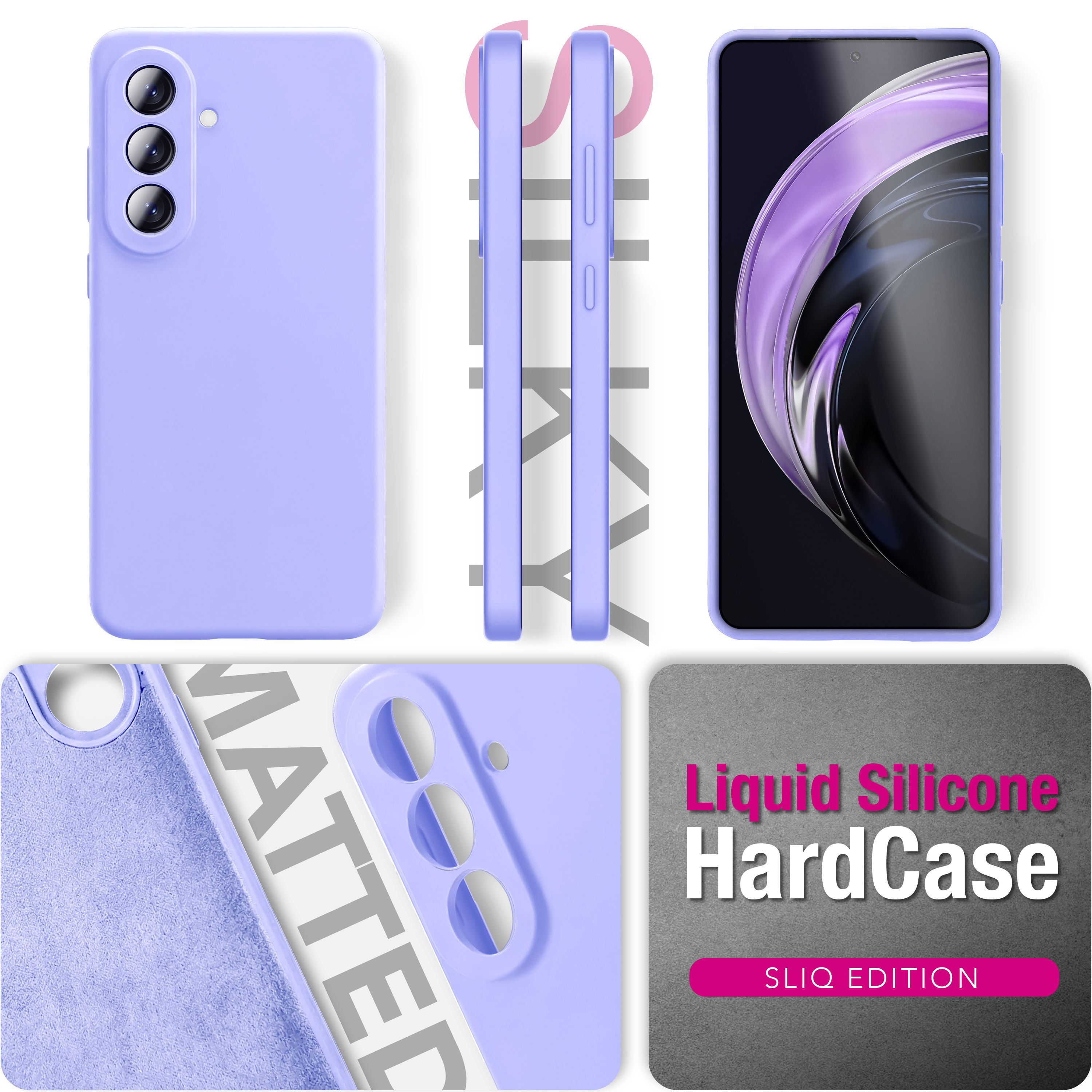 Ein lilafarbenes Handycover mit drei Kameras und einem Display.