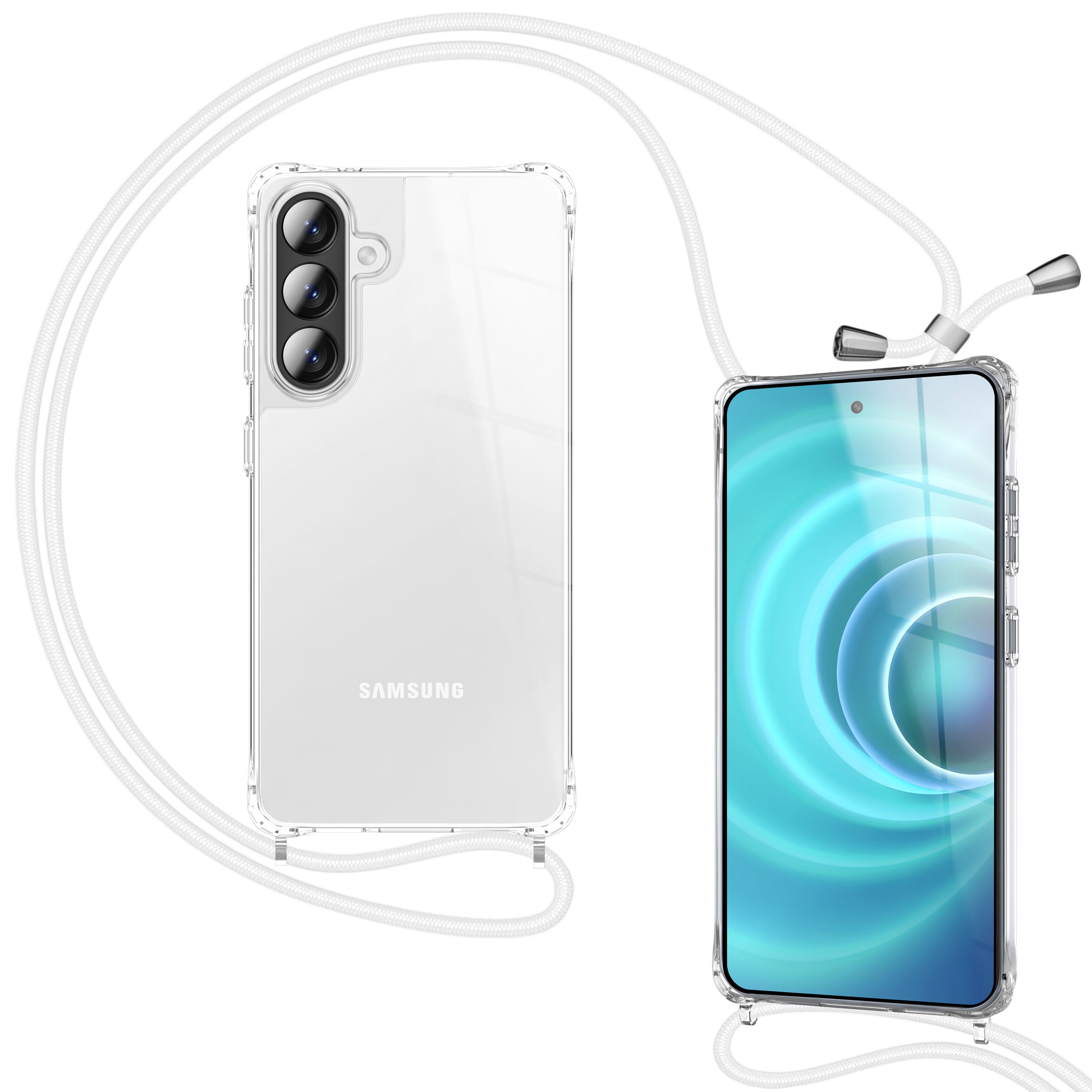 Ein transparenter Handykoffer mit weißer Kordel, der an einem Samsung-Telefon befestigt ist.