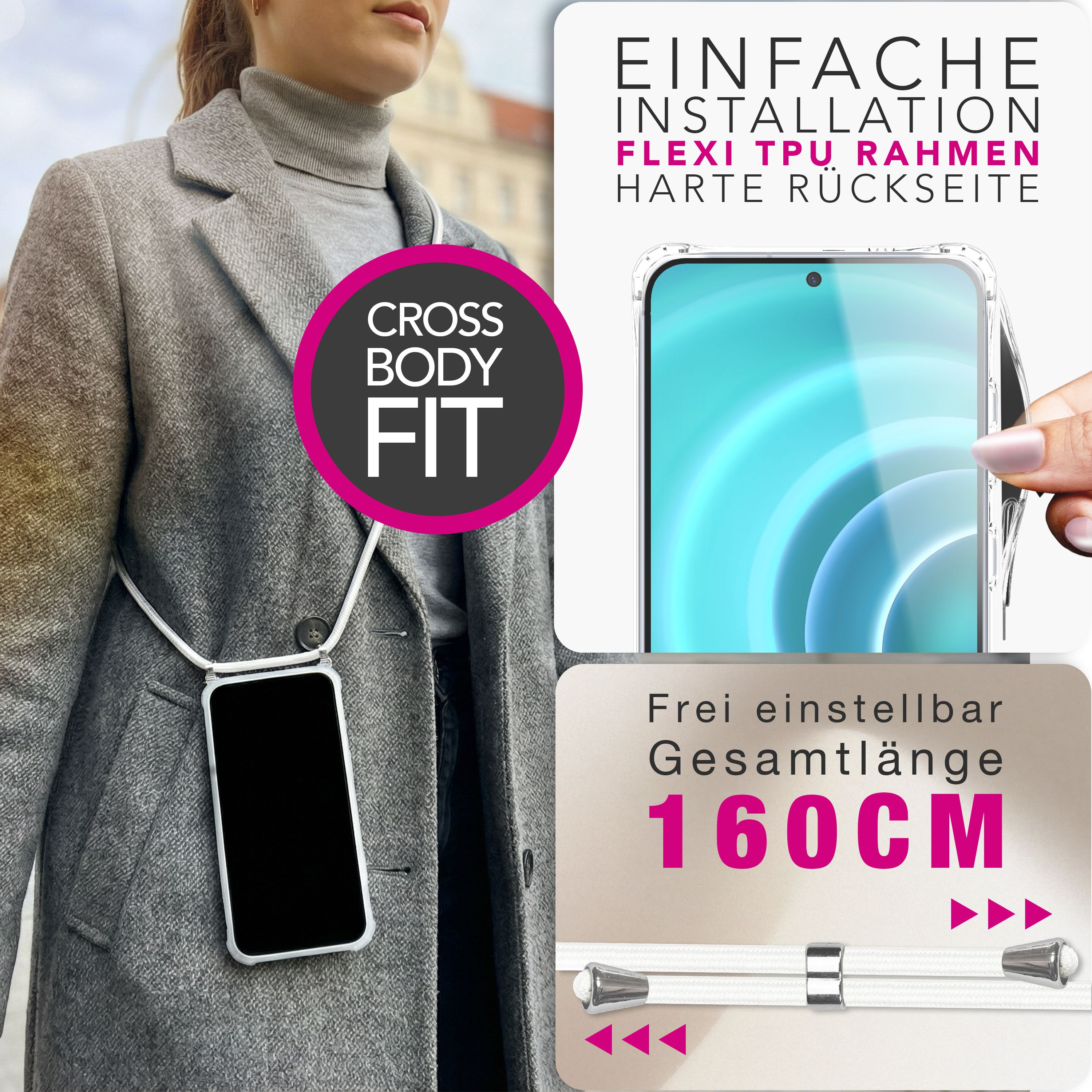 Frau mit Handy-Hängetasche, klare Hülle, 160cm Länge