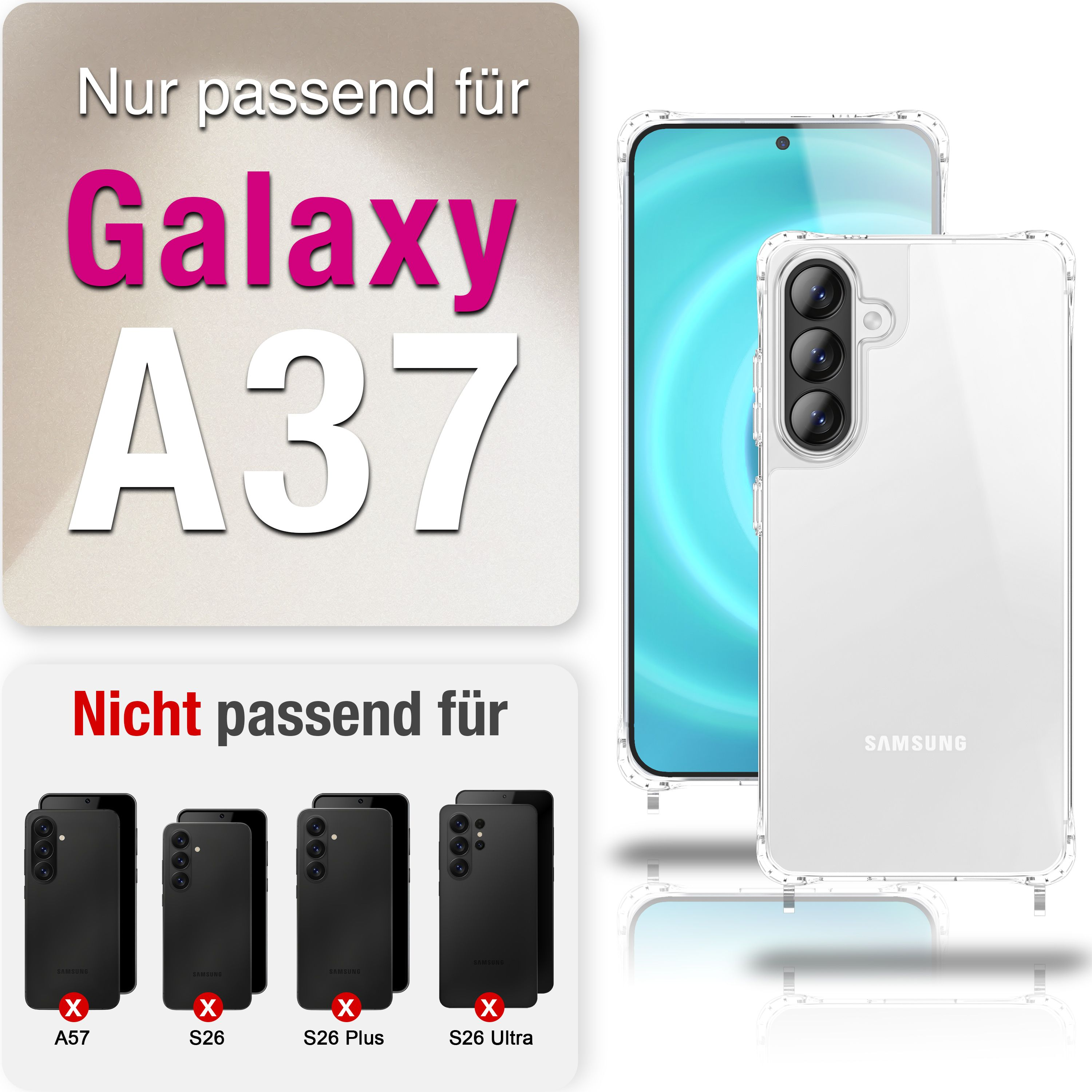 Transparente Handyhülle für Samsung Galaxy A37. Nicht für A57, S26, S26 Plus, S26 Ultra.