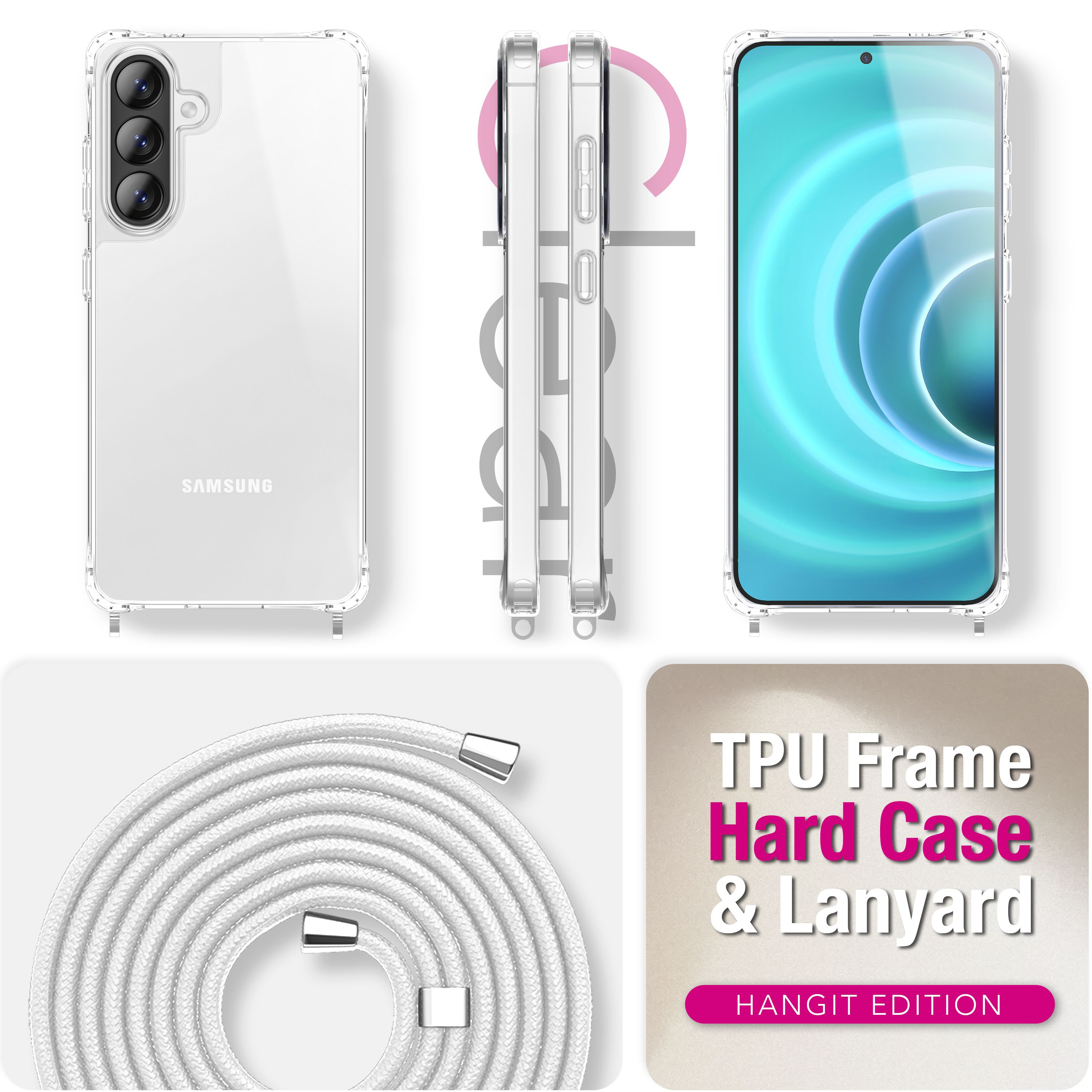 Transparente Handyhülle mit Kamerasystem, Lanyard und Handy-Display.