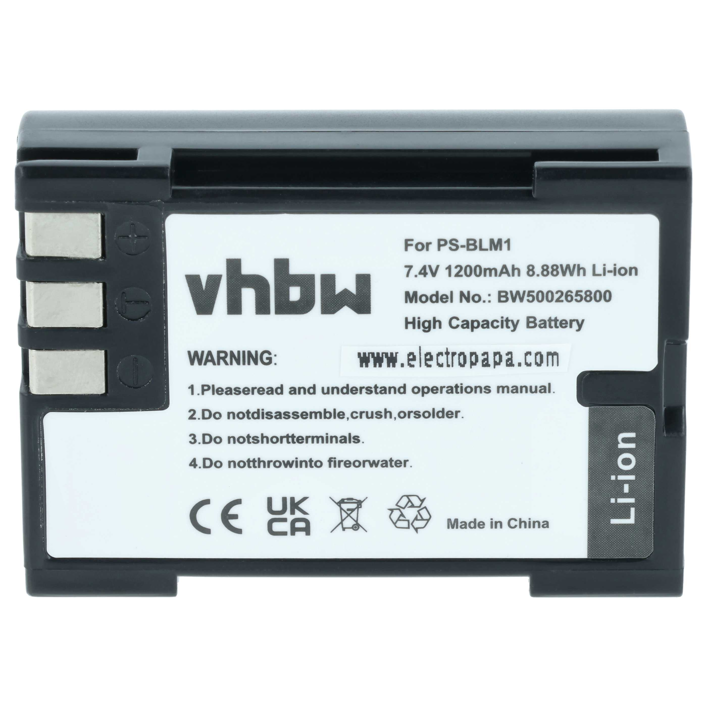 Ein schwarzer Akku mit vhbw-Logo, 7,4V, 1200mAh, Li-ion, Made in China.