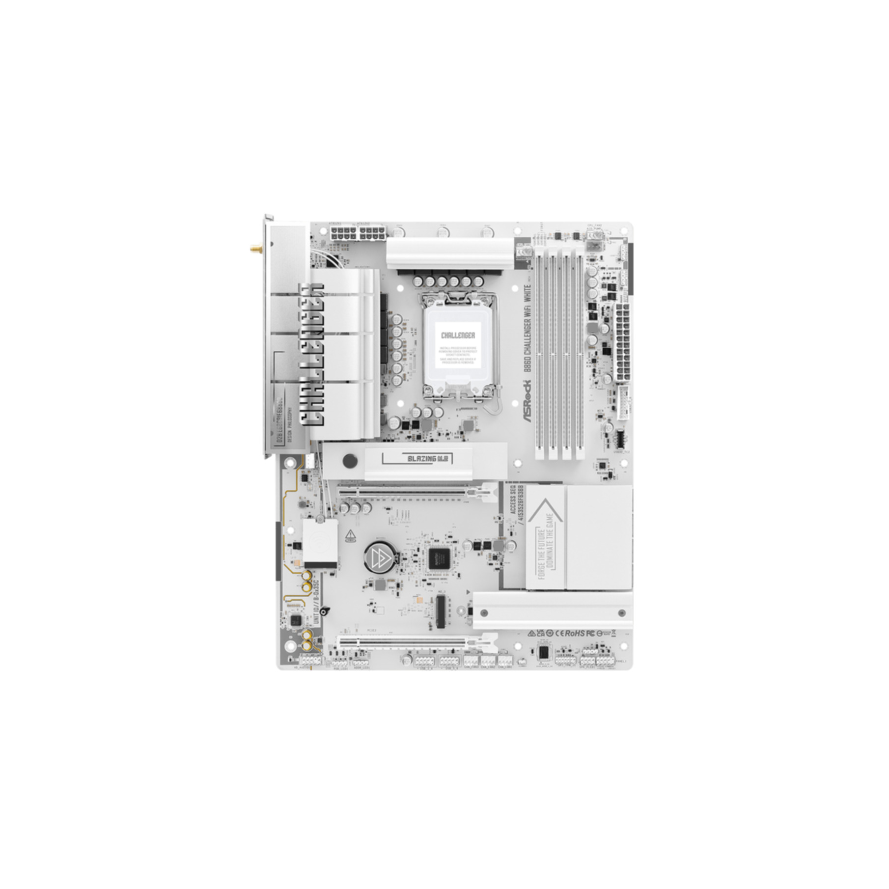 Placa base blanca con zócalo de CPU, ranuras RAM y conectores.