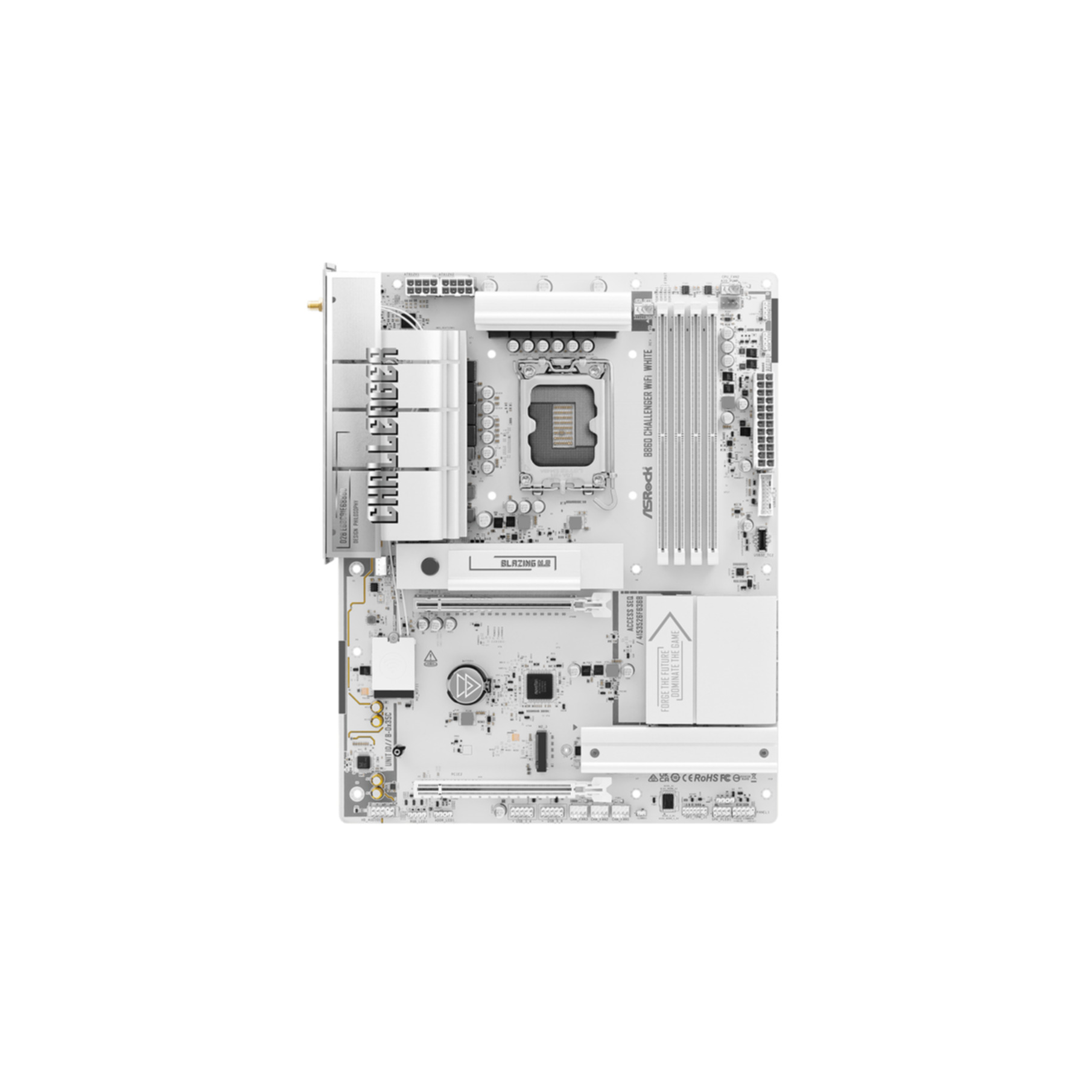 Placa base blanca ASRock B660 con zócalo de CPU, ranuras RAM y conectores.