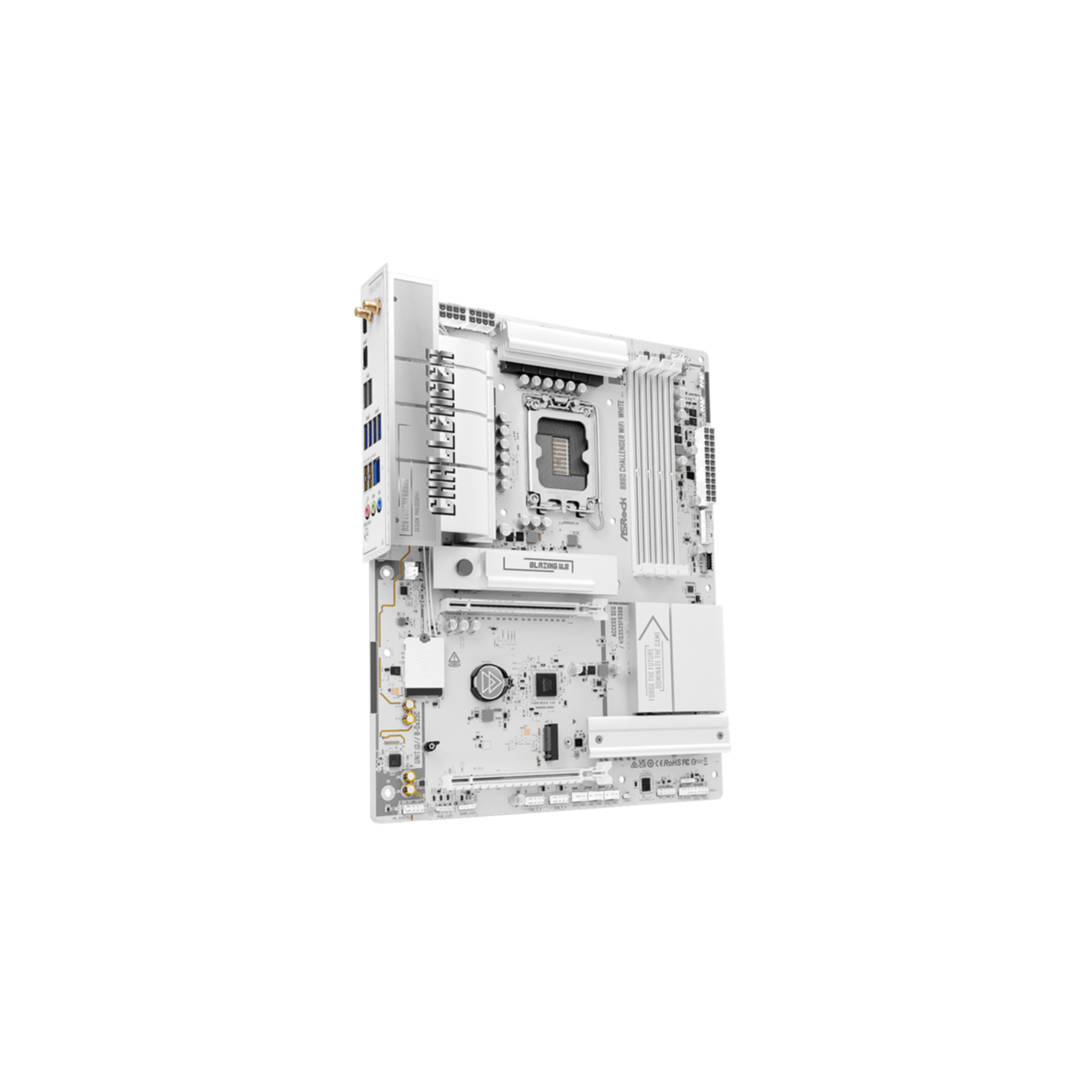 Una placa base de computadora blanca con detalles plateados y puertos.