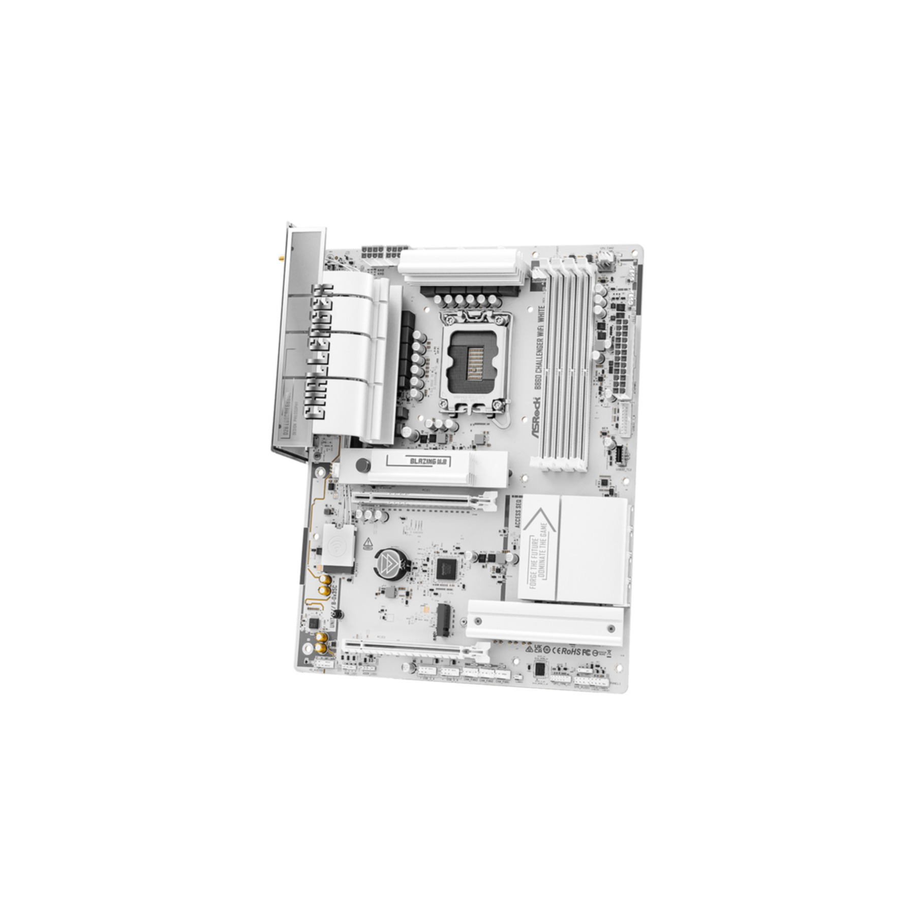 Una placa base blanca con zócalo de CPU, ranuras RAM y disipadores.