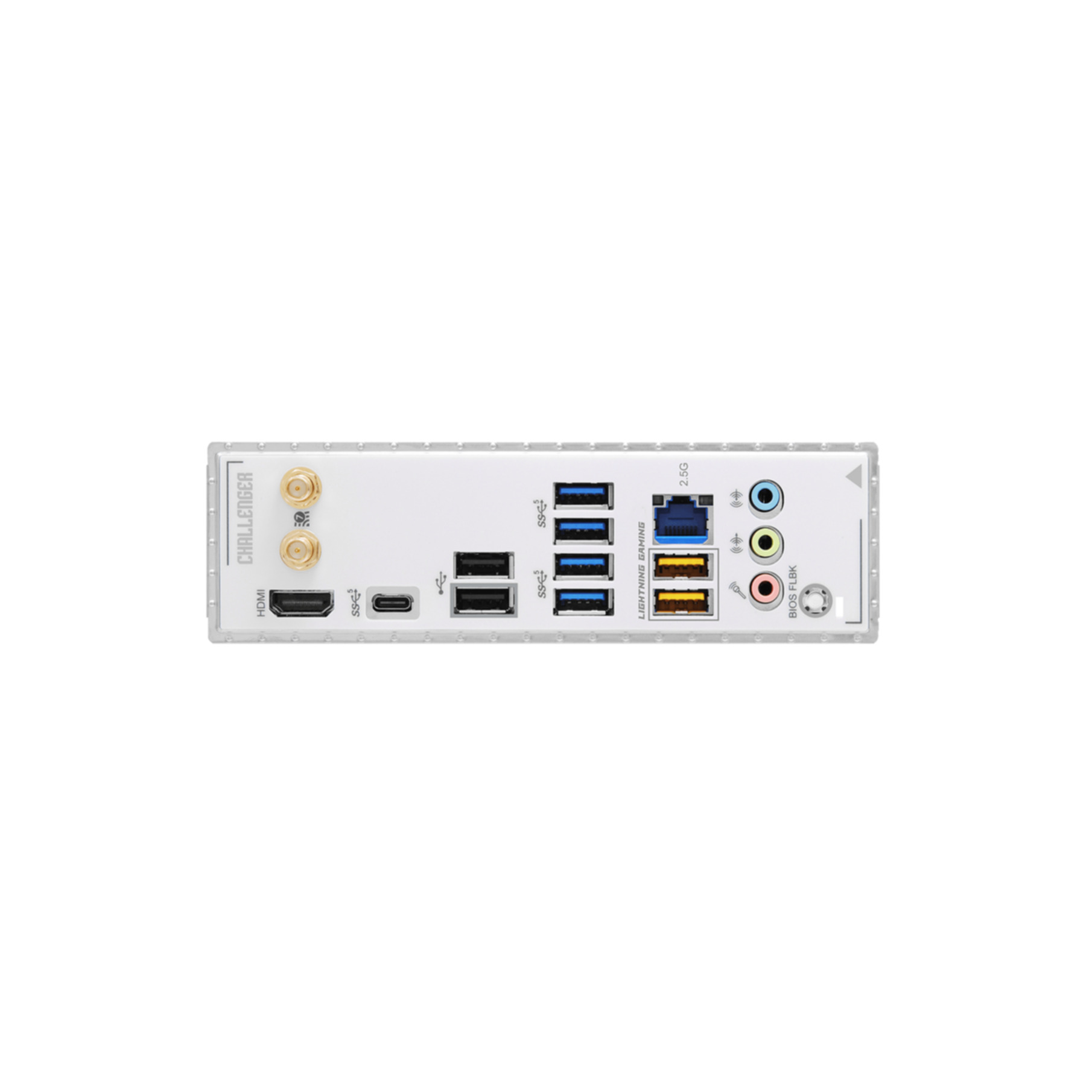 Vista trasera de una placa base blanca con puertos HDMI, USB-C, USB-A y Ethernet.