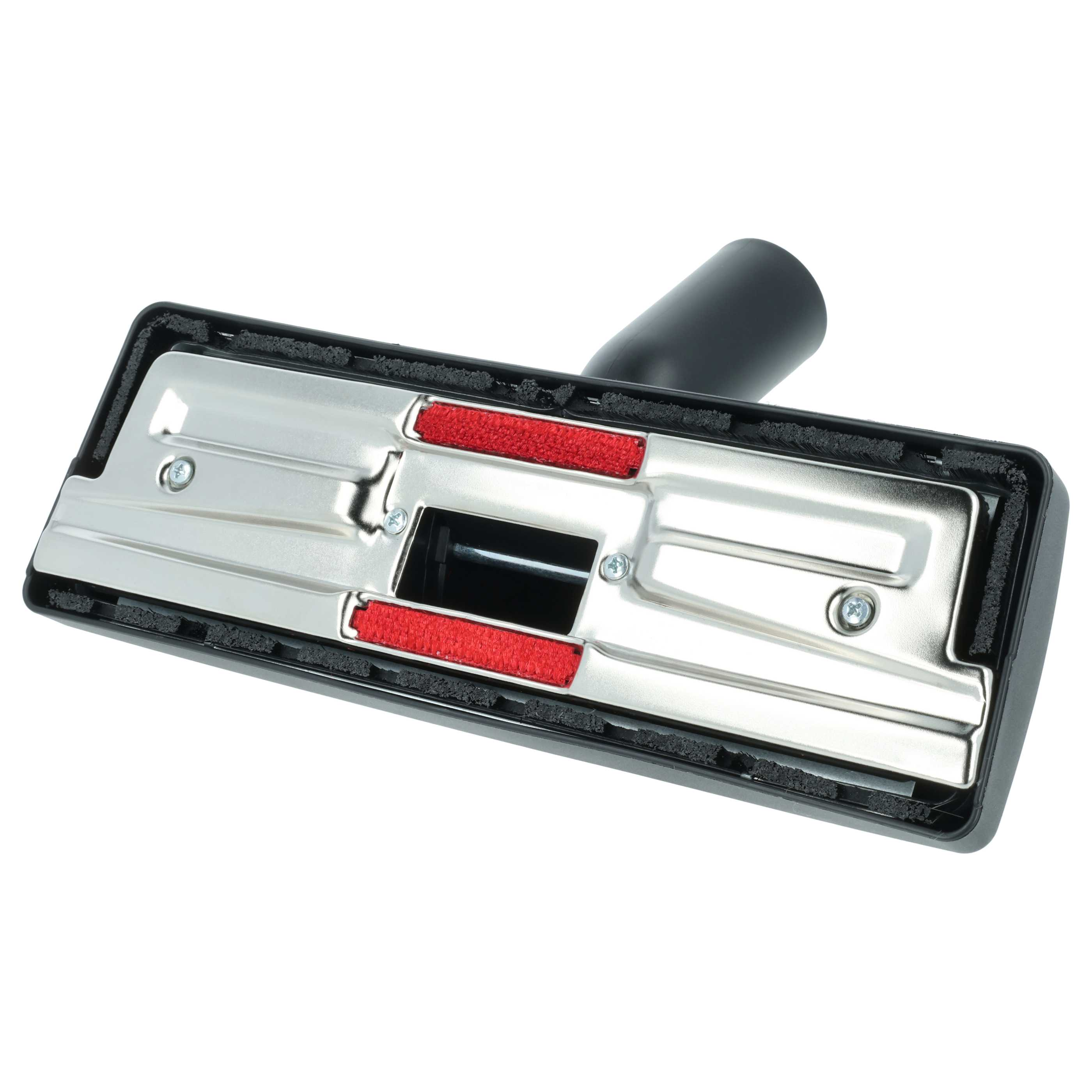 Ein schwarzer Staubsaugeraufsatz mit Metalloberfläche und roten Bürsten.
