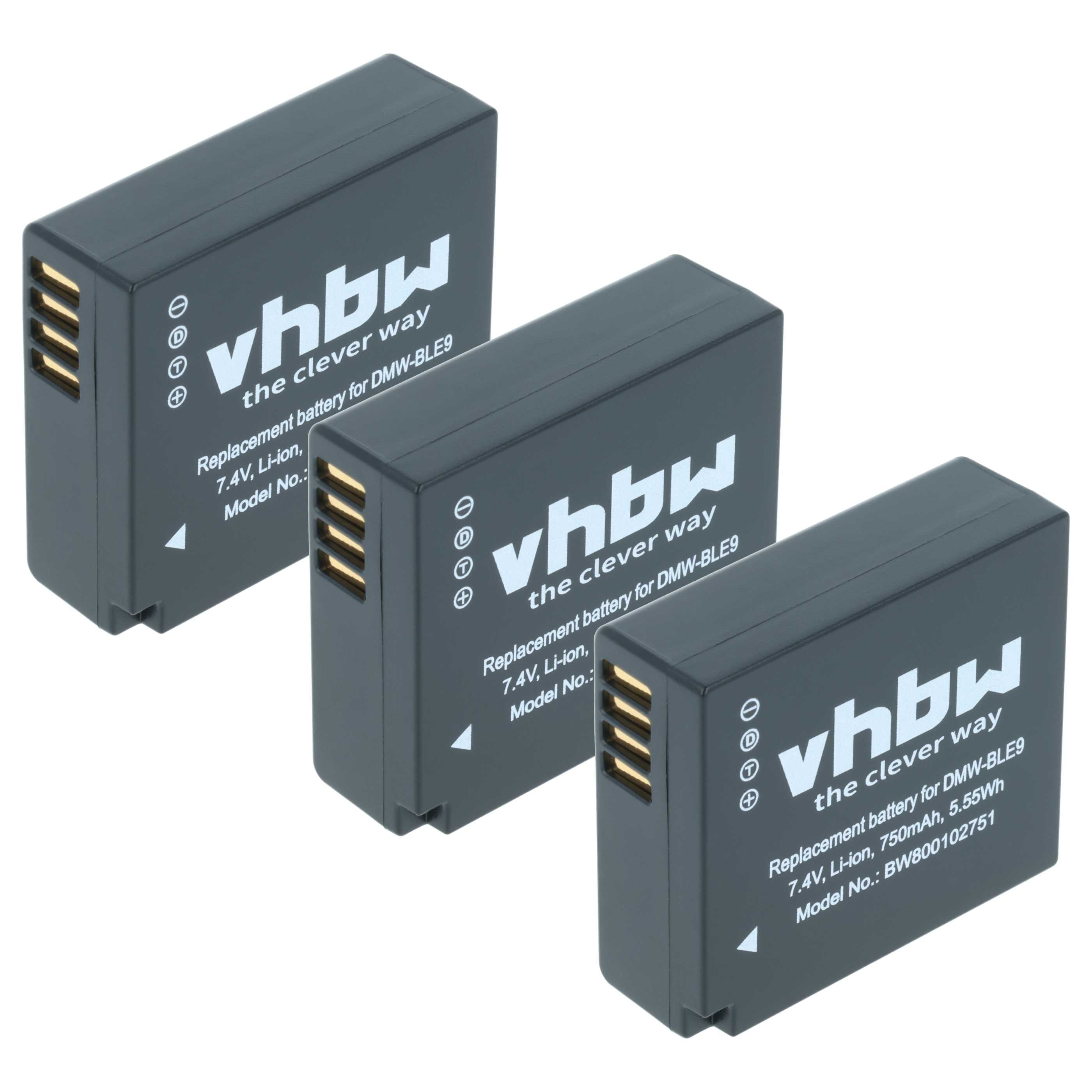Drei graue vhbw Akkus für DMW-BLE9, 7.4V Li-ion, weißer Aufdruck.