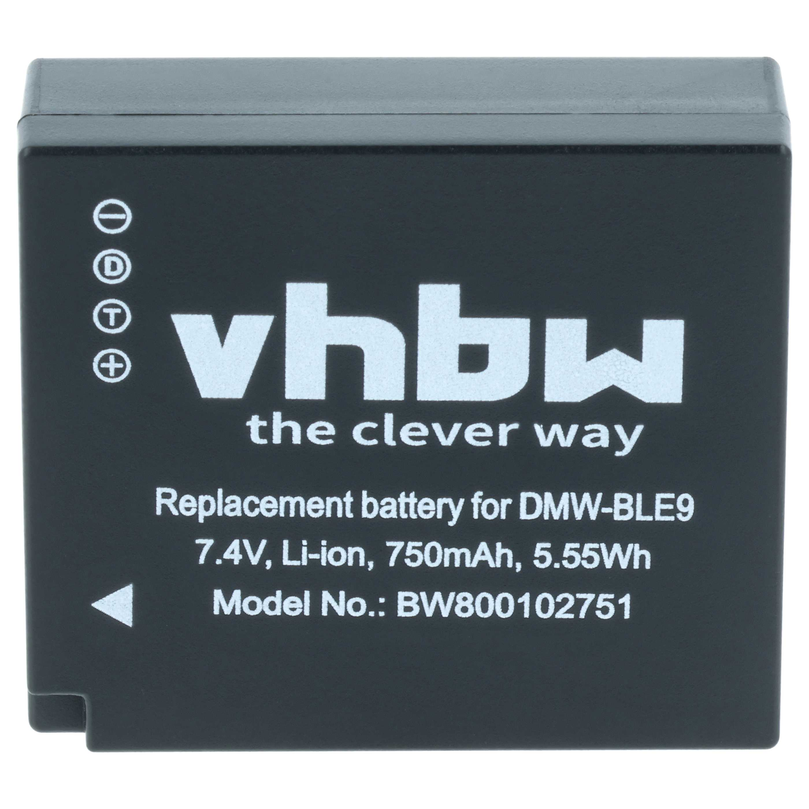 Schwarzer Akku mit weißer Schrift: vhbw, Ersatzakku für DMW-BLE9, 7,4V, 750mAh.