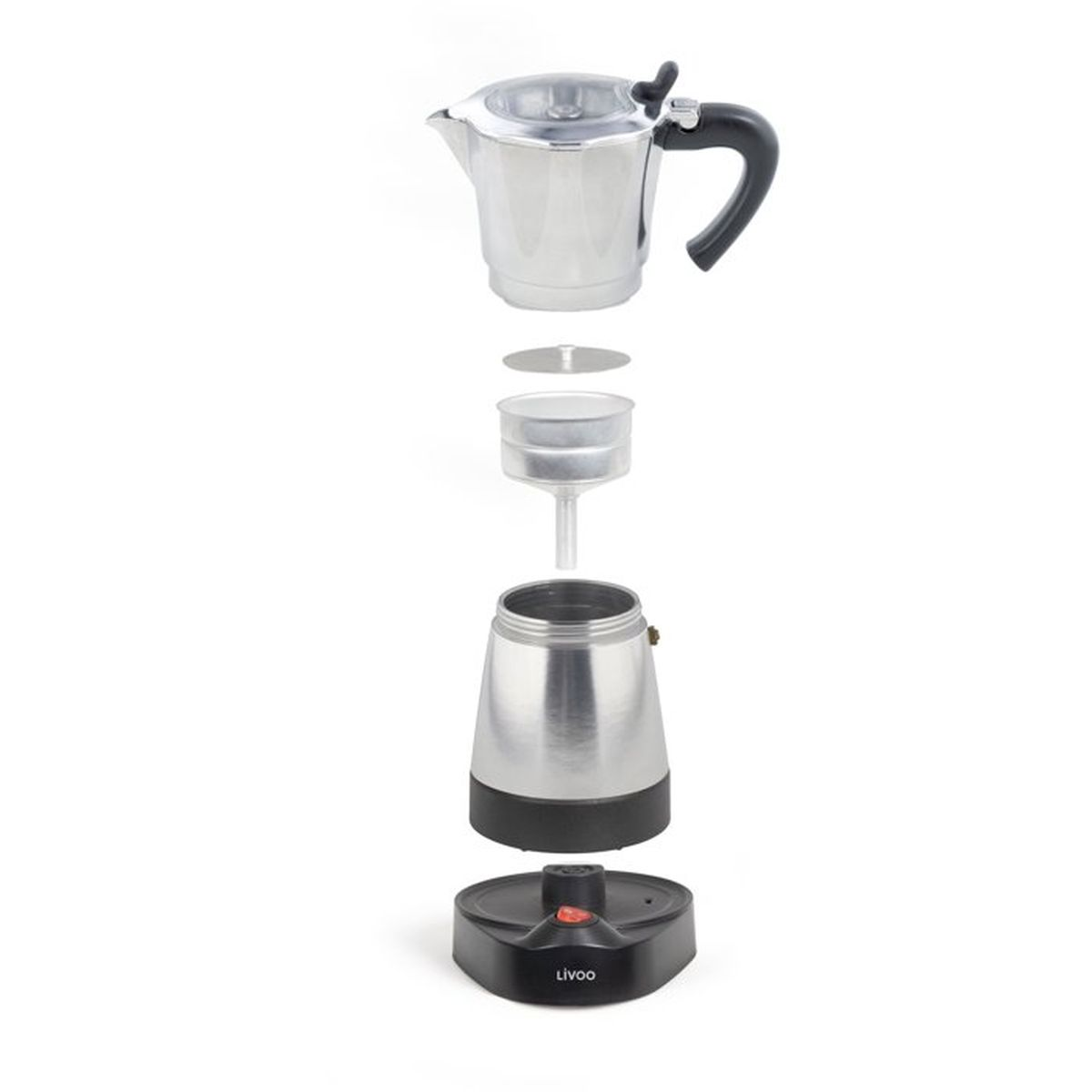 Una macchina per espresso argentata e smontata con manico e base neri.
