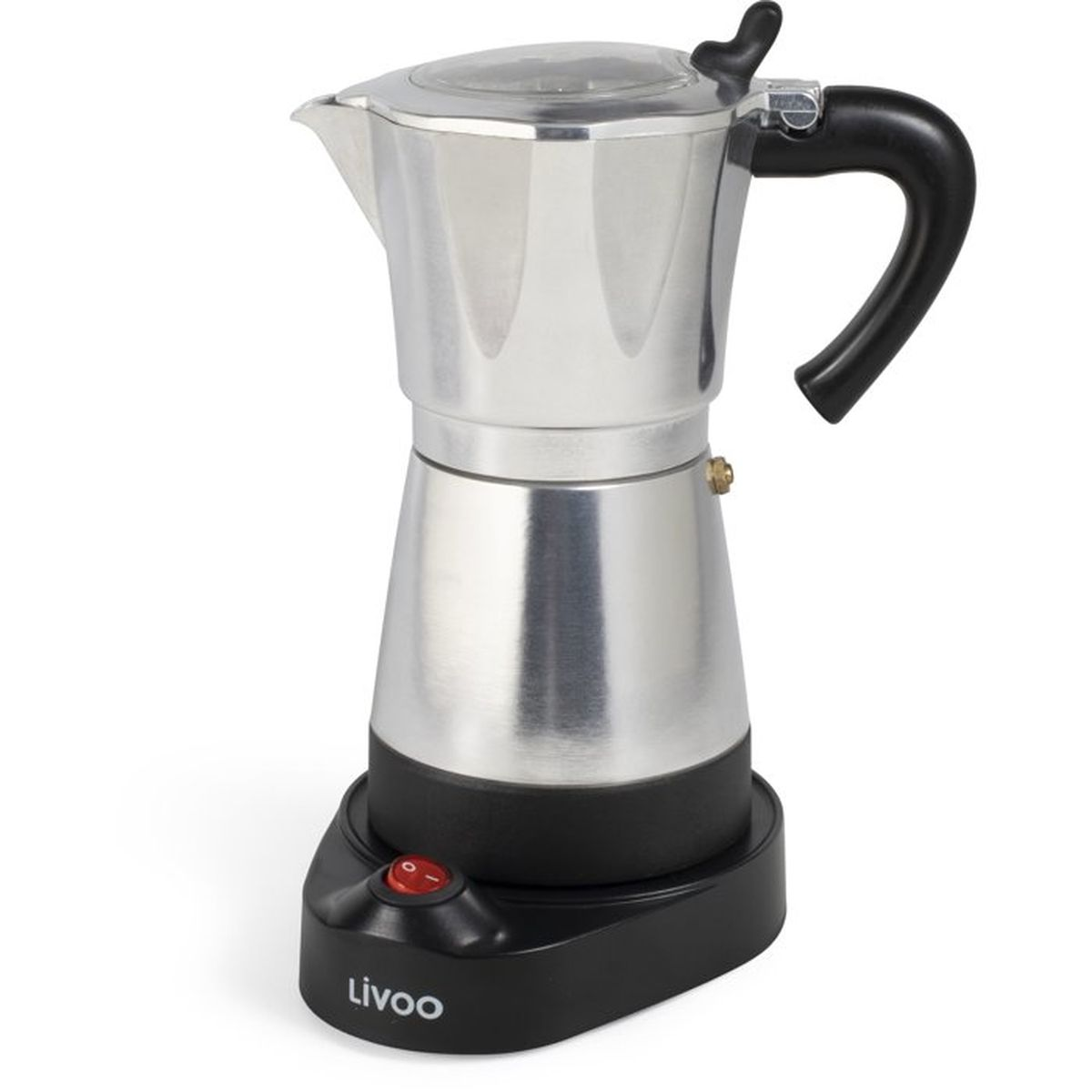 Moka argento con manico e base neri, interruttore rosso.
