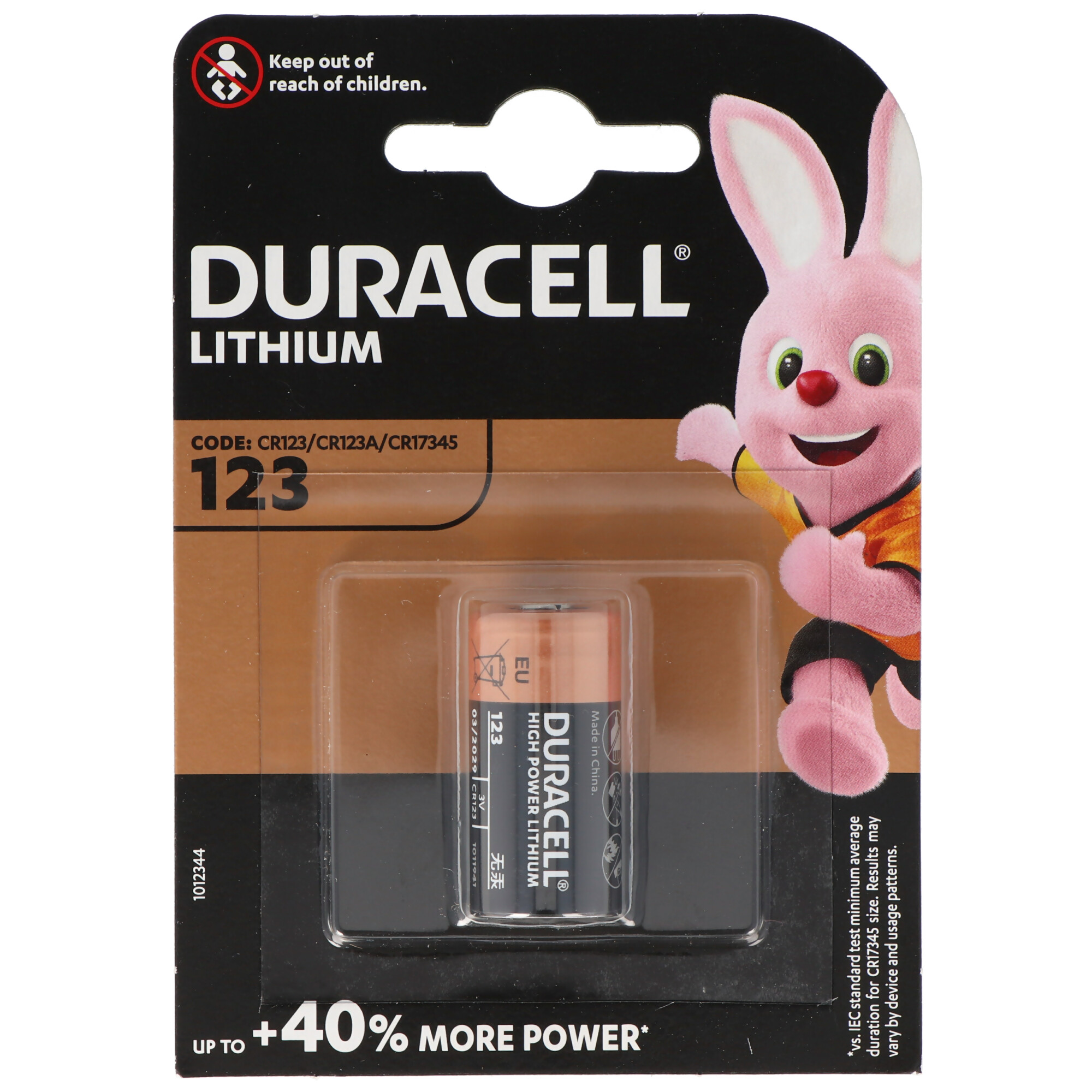 Duracell Lithium 123 Batterie in Verpackung mit pinkem Hasenmaskottchen. Warnung für Kinder.
