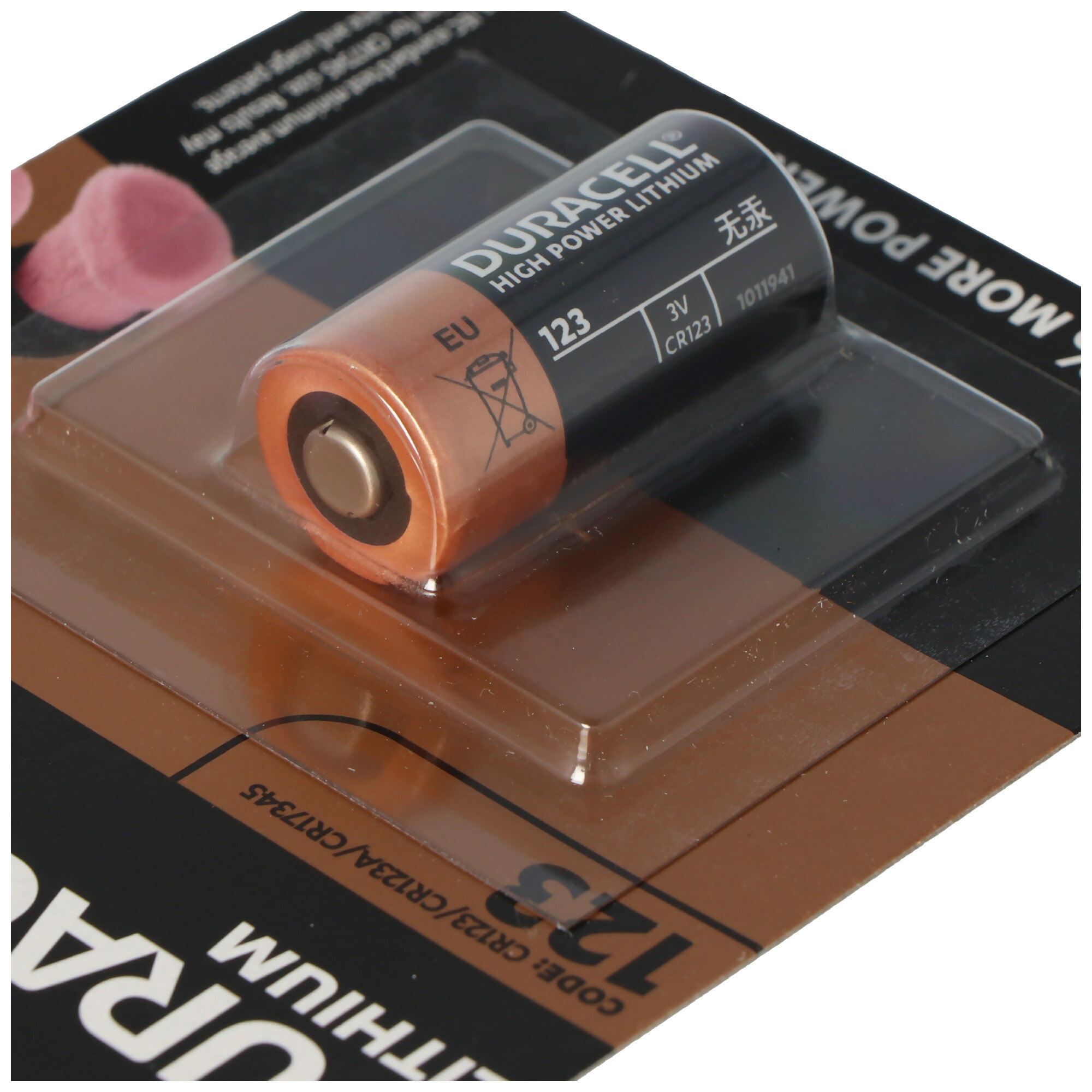 Duracell 123 Lithium-Batterie in Blisterverpackung, mit Beschriftung.