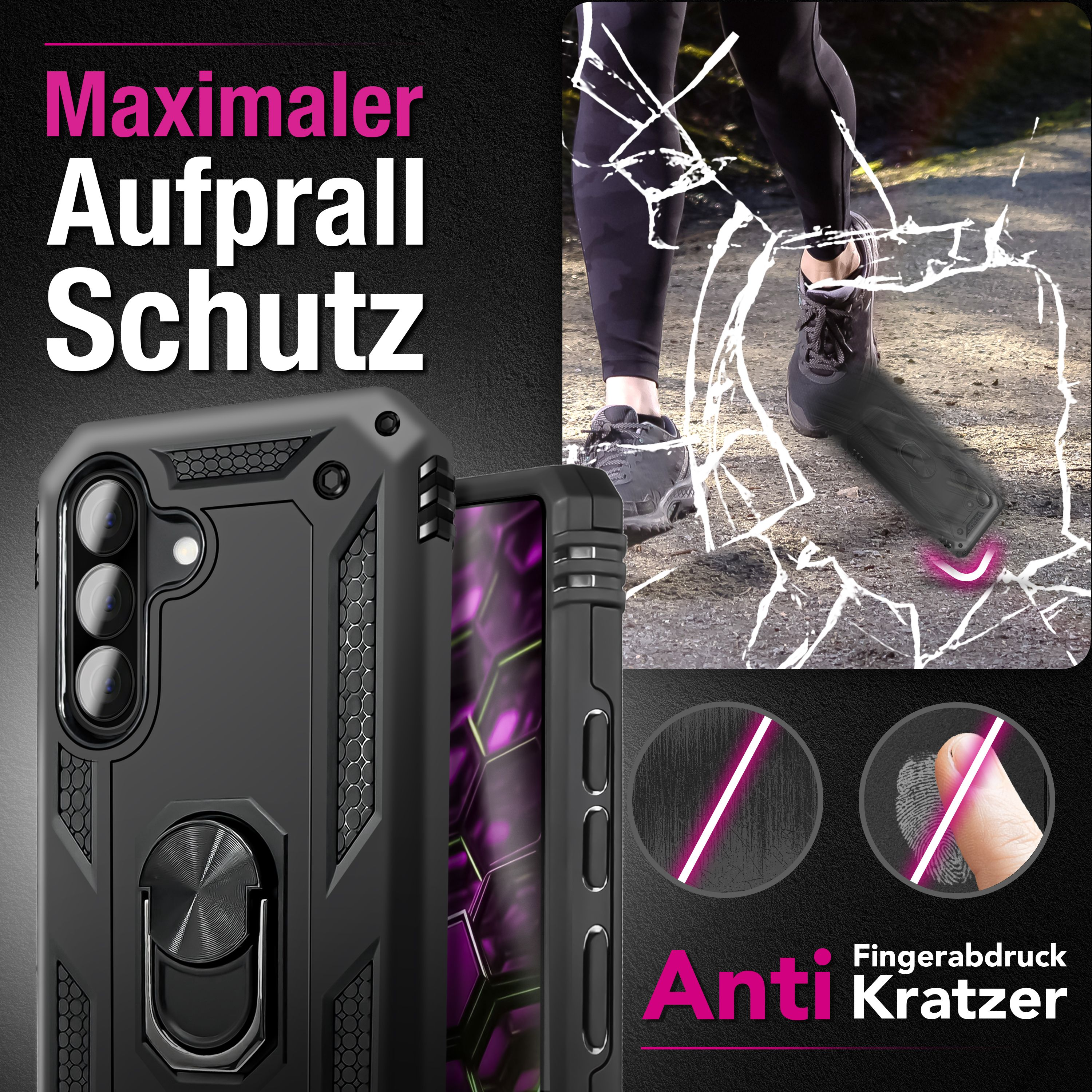 Schwarze Handyhülle mit Ringhalter vor zersplittertem Glas und einem Fuß