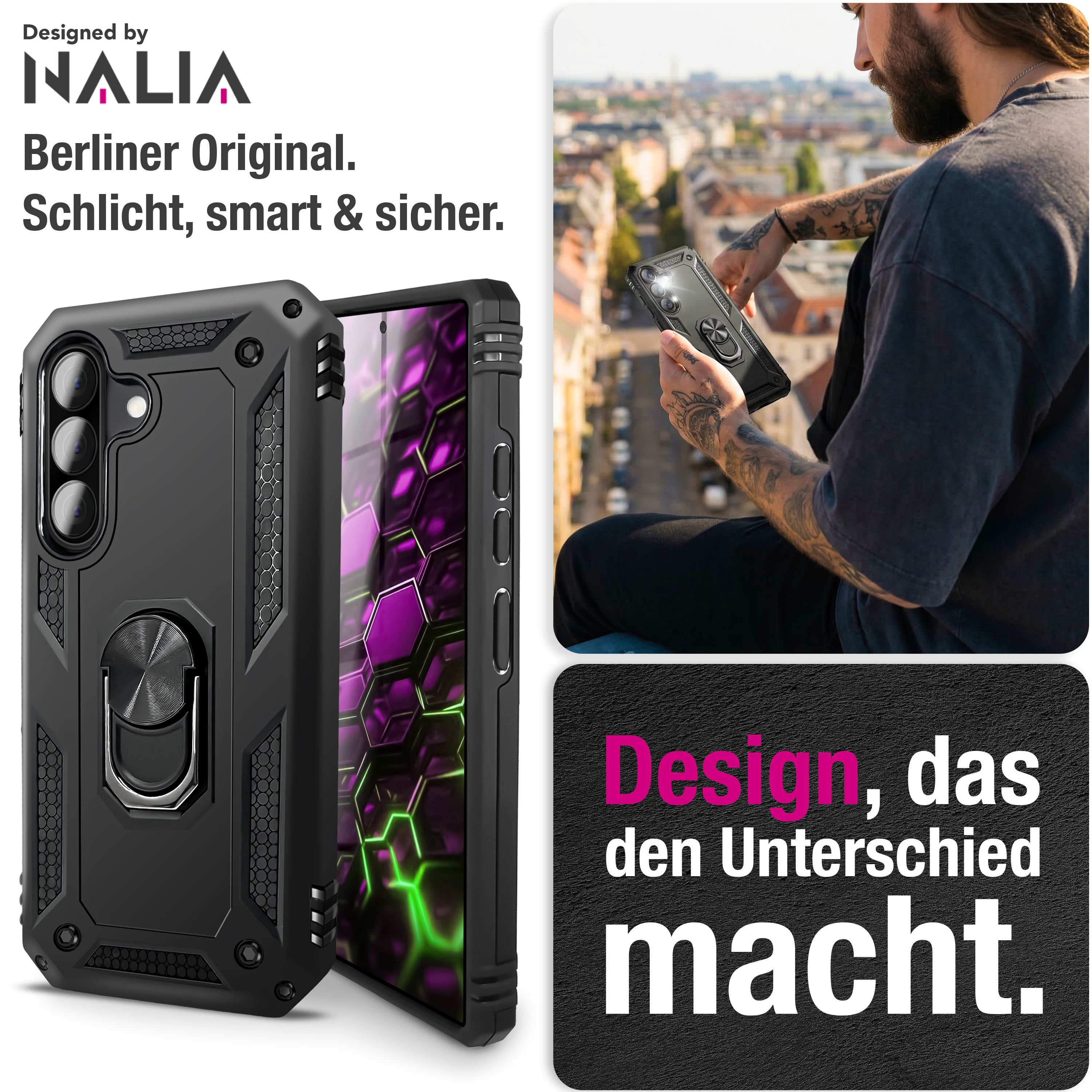 Schwarze Handyhülle mit Ringhalterung neben einem Mann mit Tattoos.