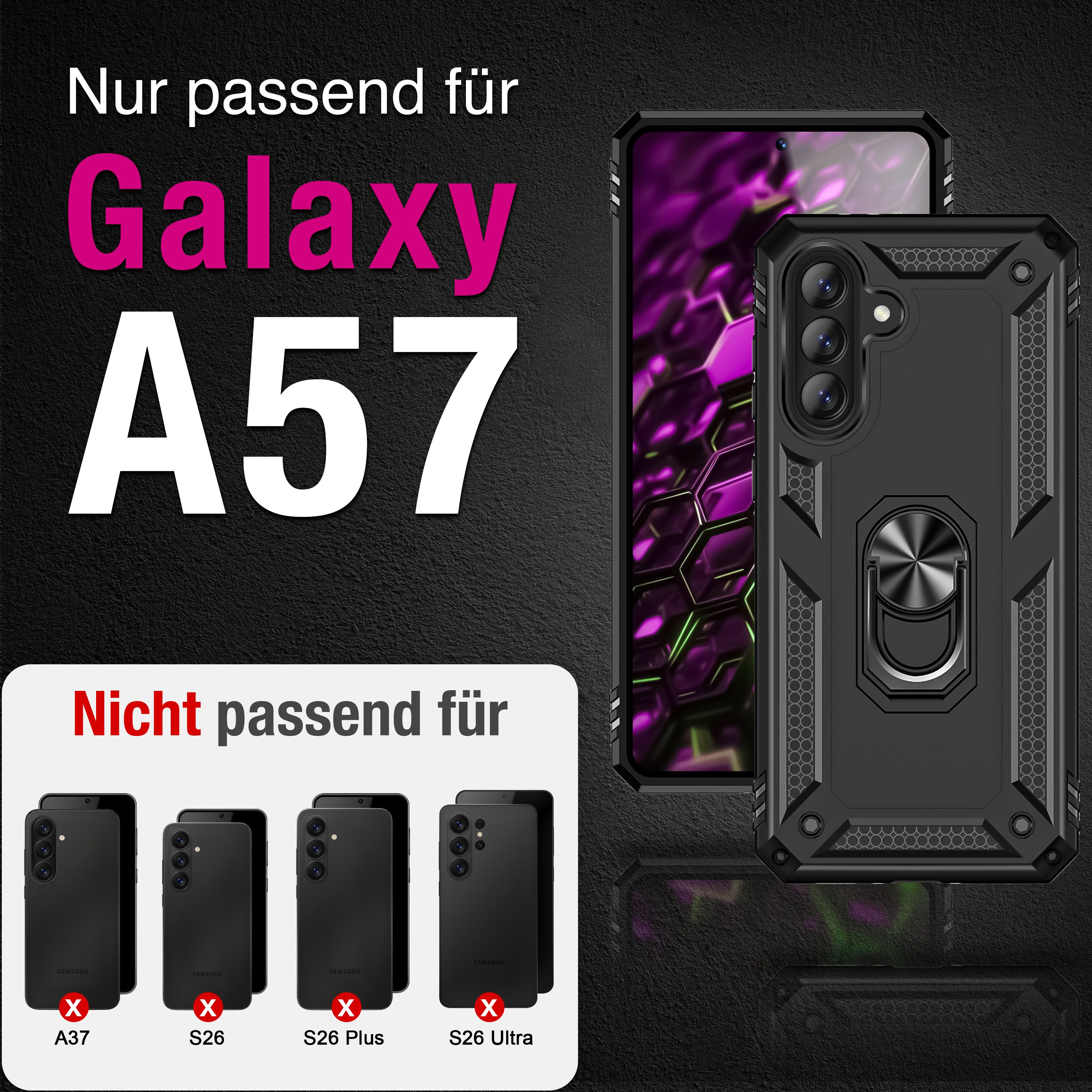 Schwarzes Handycover für Galaxy A57 passt nicht für A37, S26, S26 Plus, S26 Ultra.