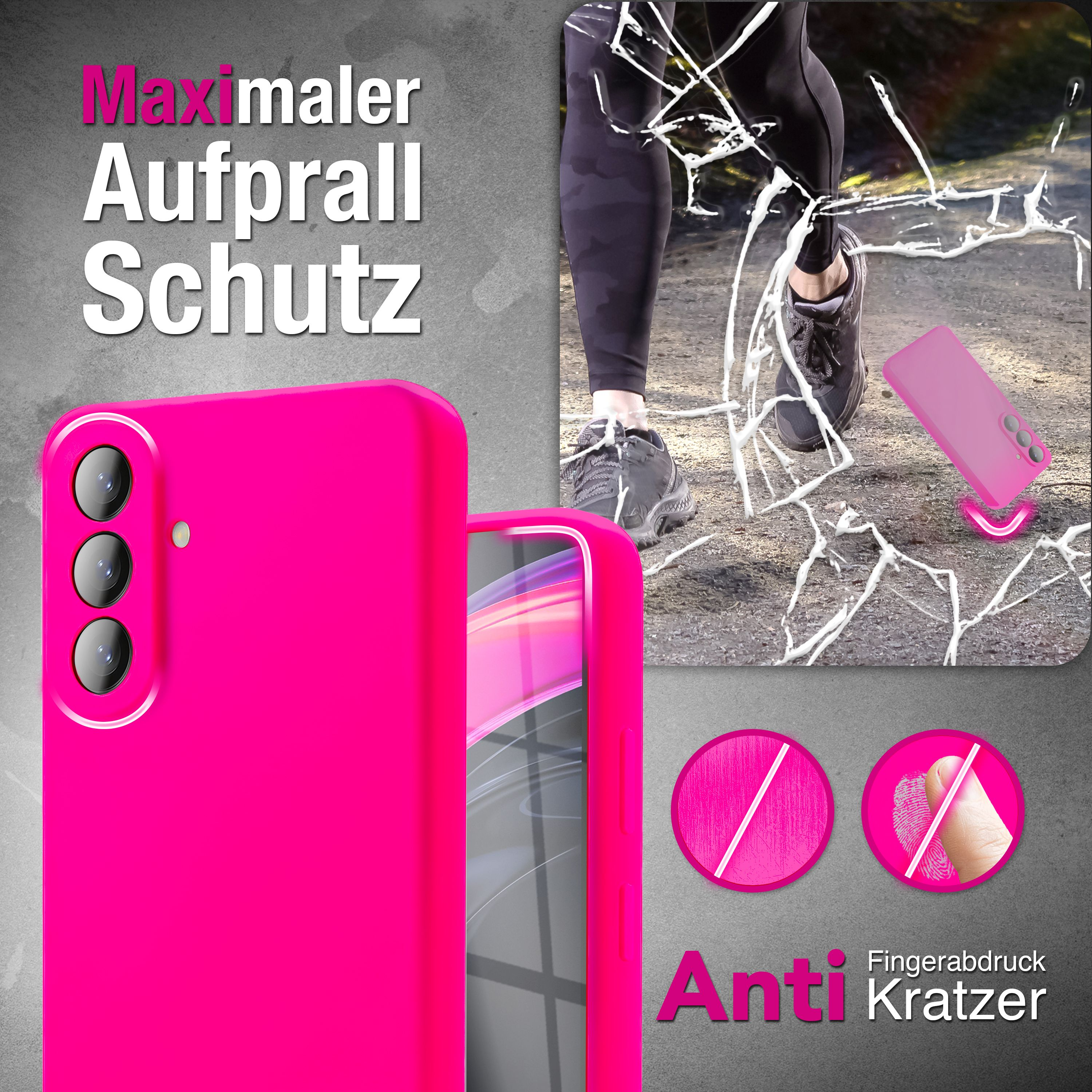 Ein pinkes Handycover mit Kameras. Ein Fuß trägt einen Schuh auf zersplittertem Boden.
