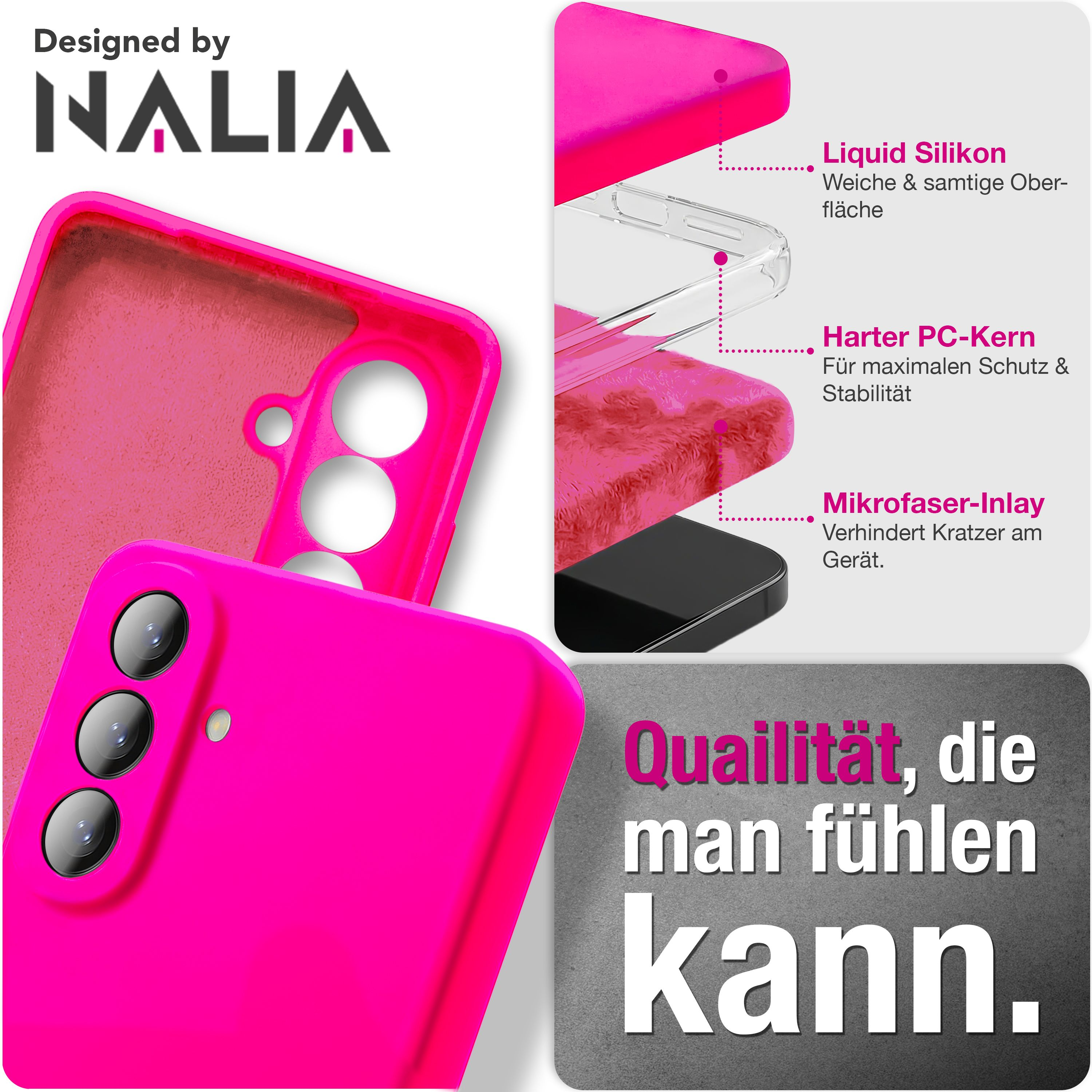 Ein pinkes Handycover mit den Merkmalen: flüssiges Silikon, harter Kern, Mikrofaser-Inlay.
