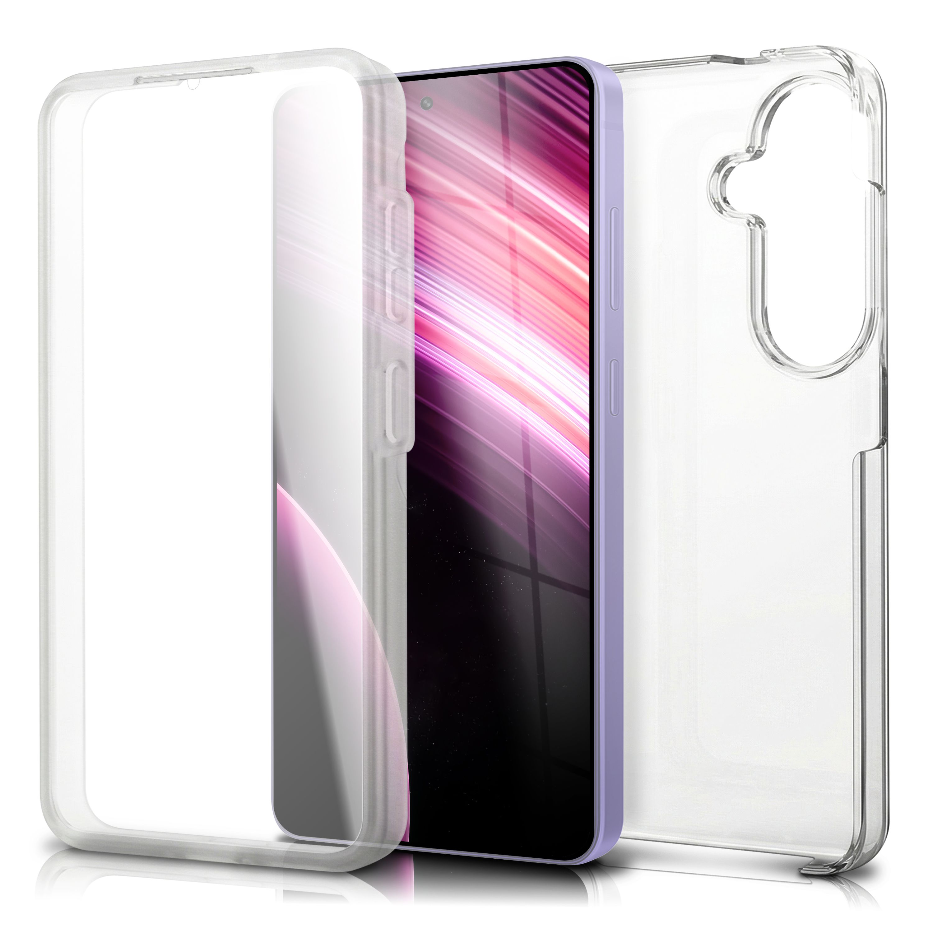 Ein lila Smartphone mit transparentem Schutzgehäuse auf weißem Hintergrund.