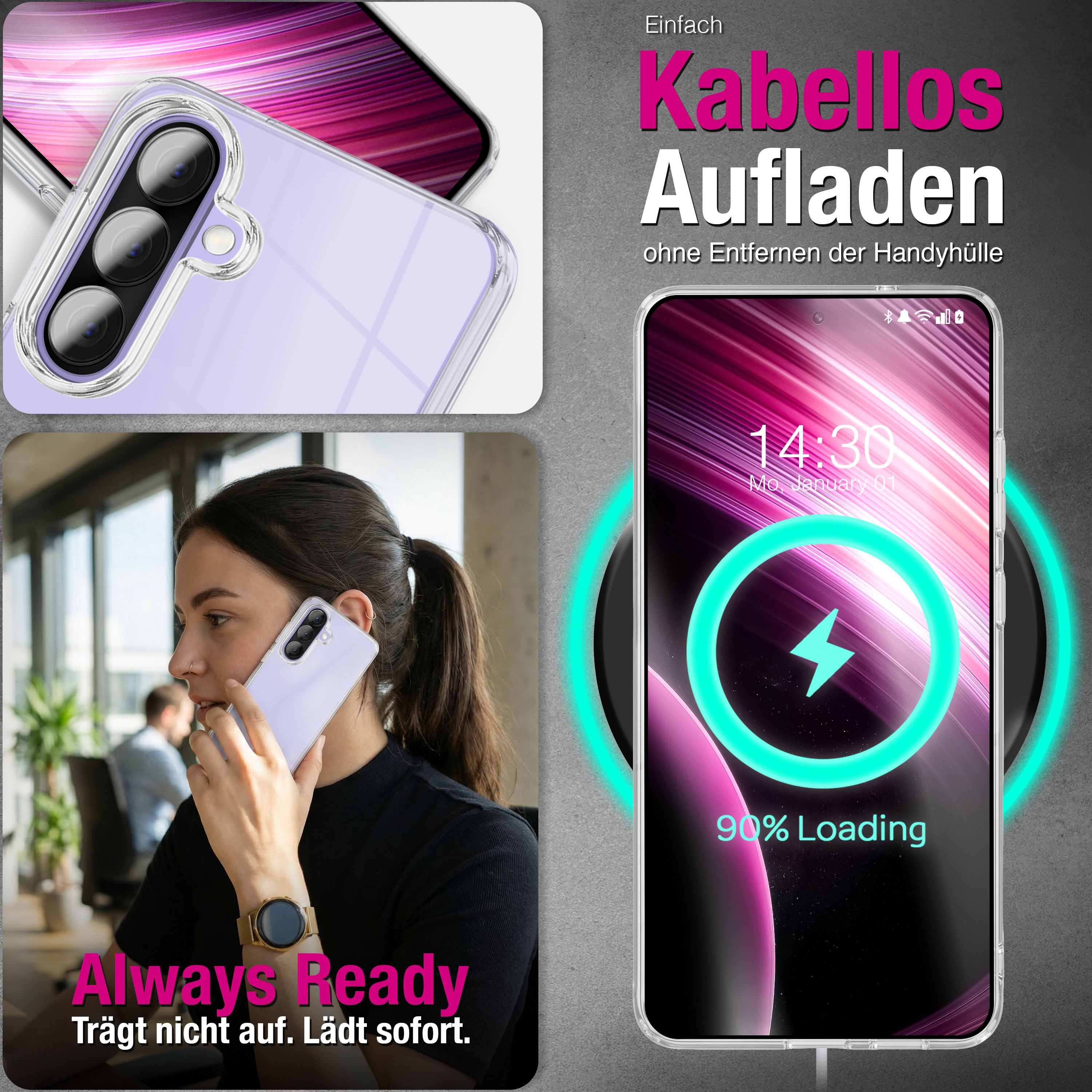 Ein Smartphone wird kabellos geladen, eine Frau telefoniert.