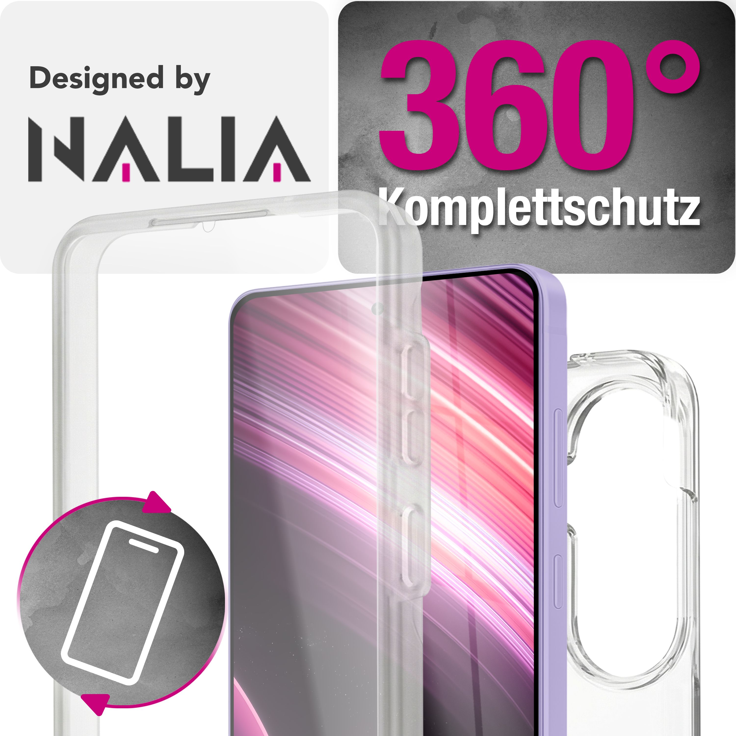 Ein violetter Handyhülle-Prototyp mit 360-Schutz-Logo.