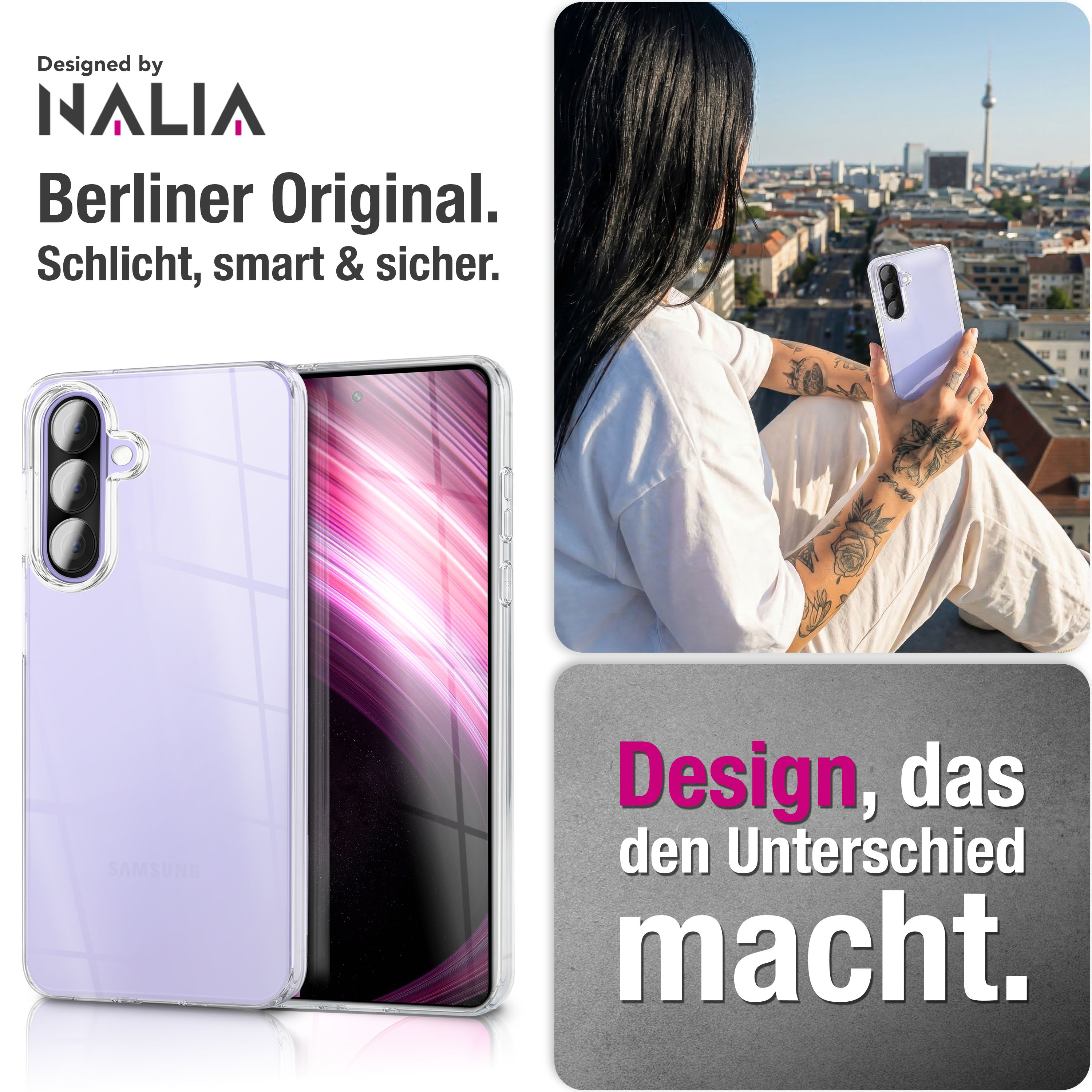 Ein Mann hält ein lila Handy mit transparentem Case vor einer Stadtkulisse.