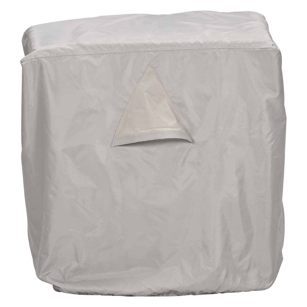 A light gray fabric cover for a rectangular object with a triangular window.