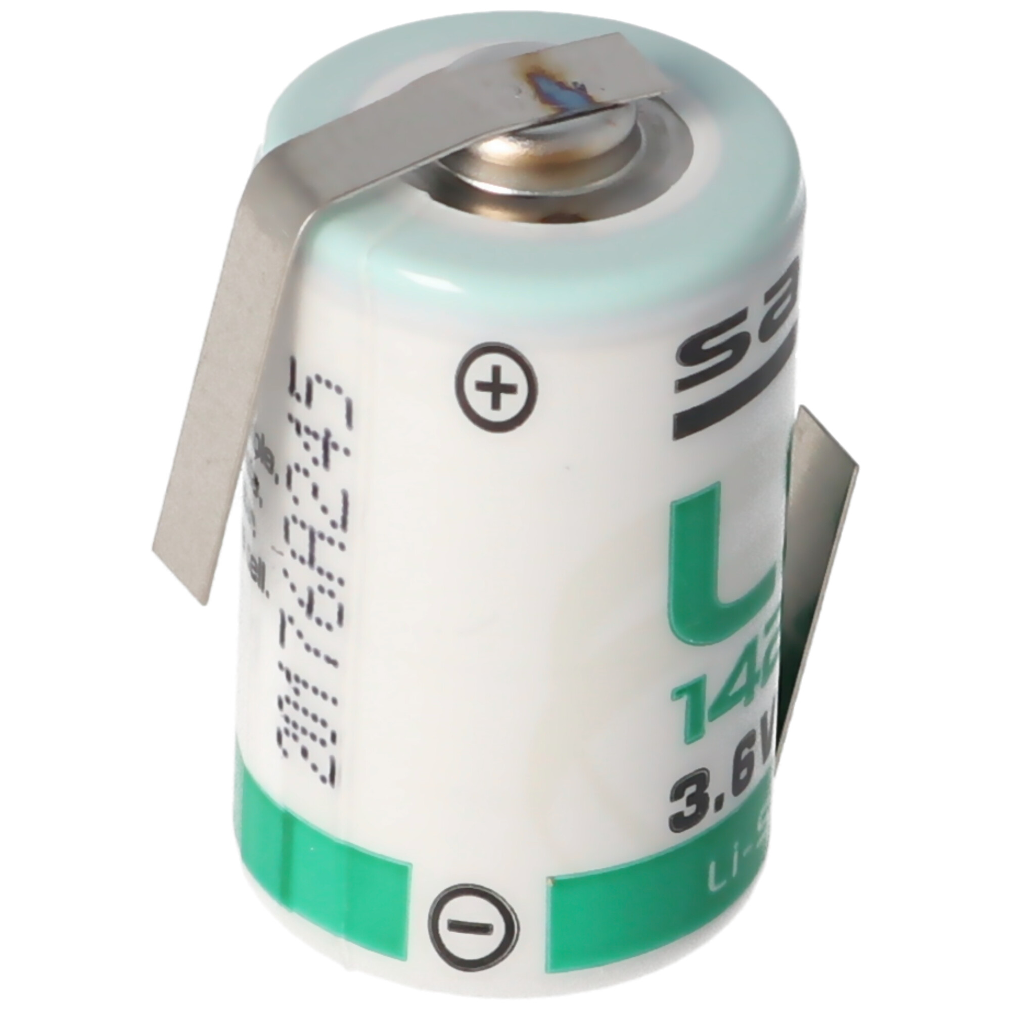 Eine weiße Batterie mit grünen und schwarzen Markierungen und Metalllaschen.